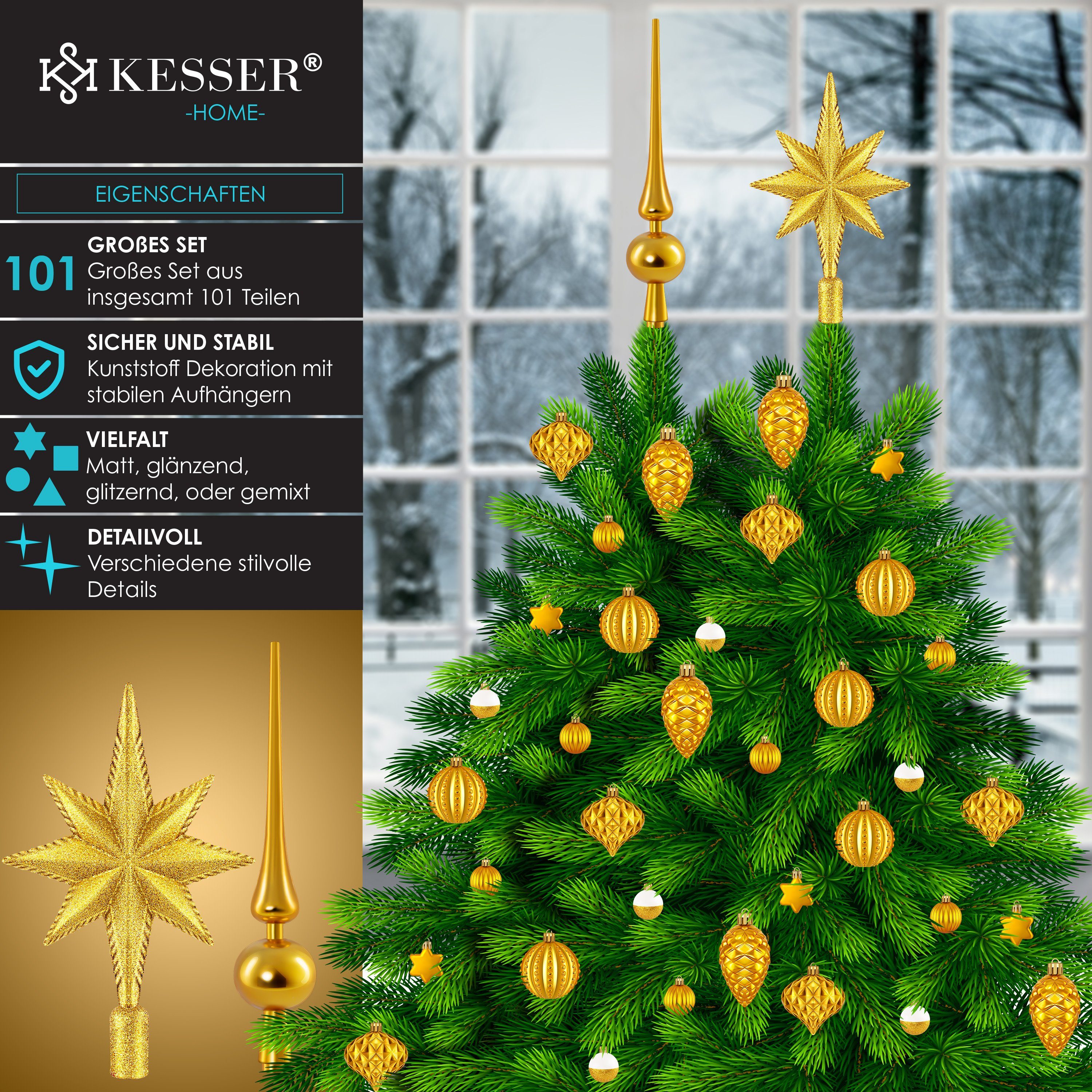 KESSER Christbaumschmuck (101-tlg), Baumspitze Christbaumk Weihnachtskugeln Set 101-teiliges gold