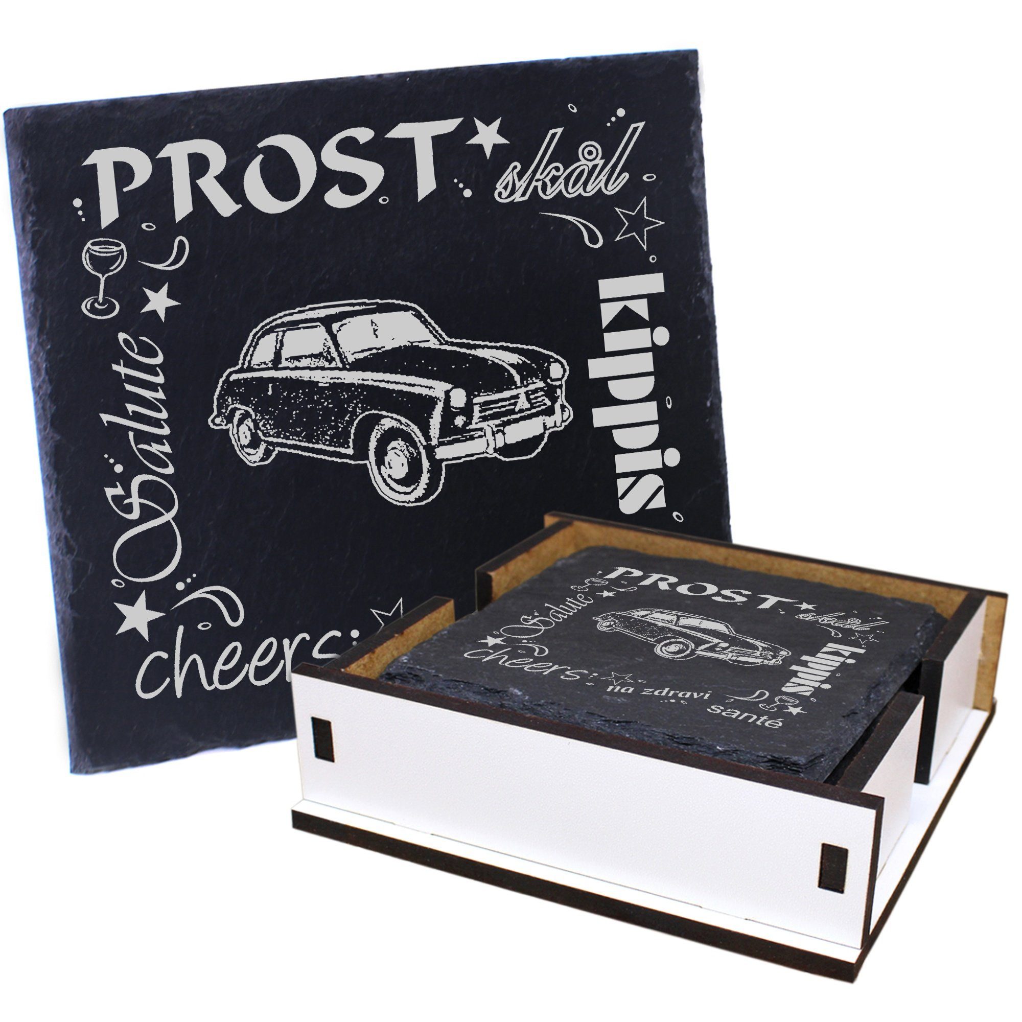 Dekolando Getränkeuntersetzer Prost Oldtimer - inkl. Box & Flaschenuntersetzer, 6-tlg.