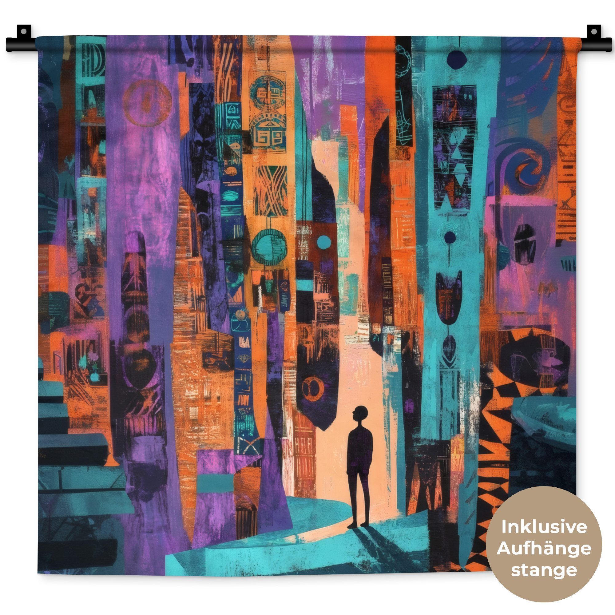 MuchoWow Wandteppich Abstrakt - Figuren - Farbenfroh, Quadratisch, Höhe: 3 mm, Wand Teppich, Deko für an den Wand, 60x60 cm