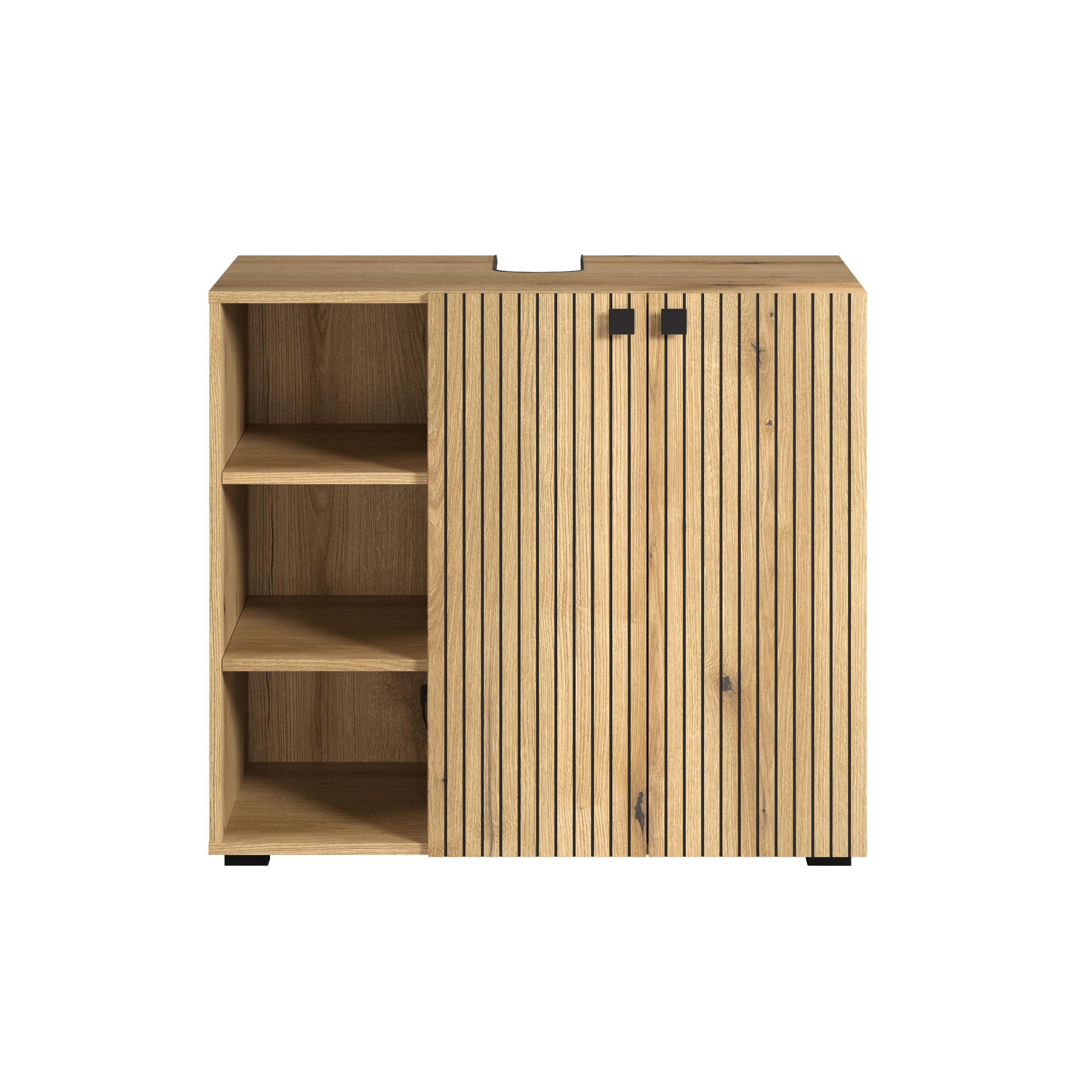 trendteam Waschbeckenunterschrank inkl.Waschbecken, Evoke Eiche Melamin & Schwarze Rillen 90/79/53cm