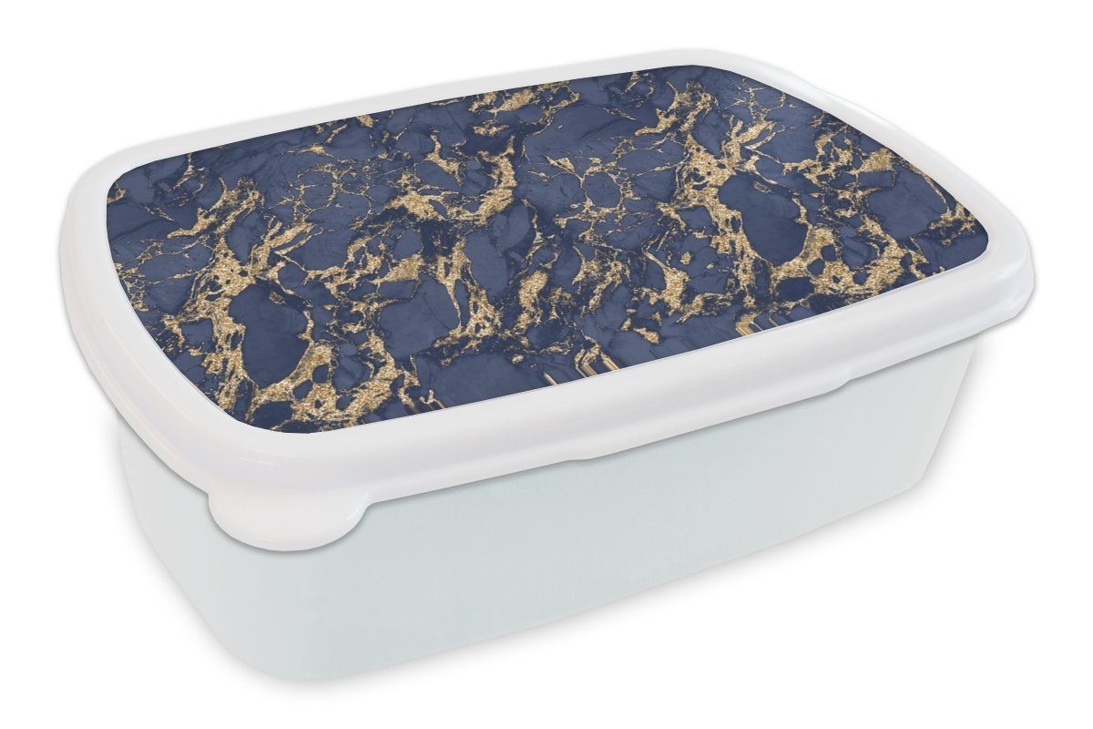 MuchoWow Lunchbox Blau - Gold - Muster - Marmor, Kunststoff, (2-tlg), Brotbox für Kinder und Erwachsene, Brotdose, für Jungs und Mädchen weiß