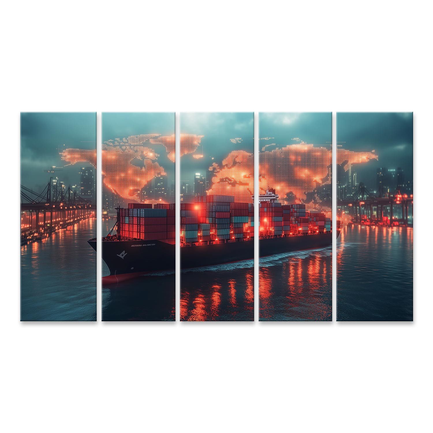 islandburner Leinwandbild Containerschiff vor einer digitalen Weltkarte im Hafen