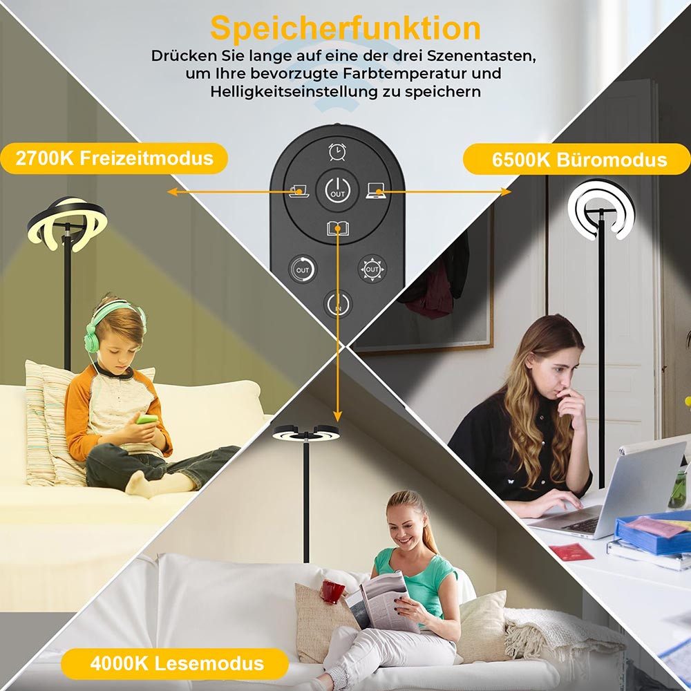 Jibenhome LED Stehlampe Moderne LED Stehleuchte 36W Dimmbar mit Fernbedienung,192cm, mit 2 312° drehbaren Leuchtringen & Fernbedienung