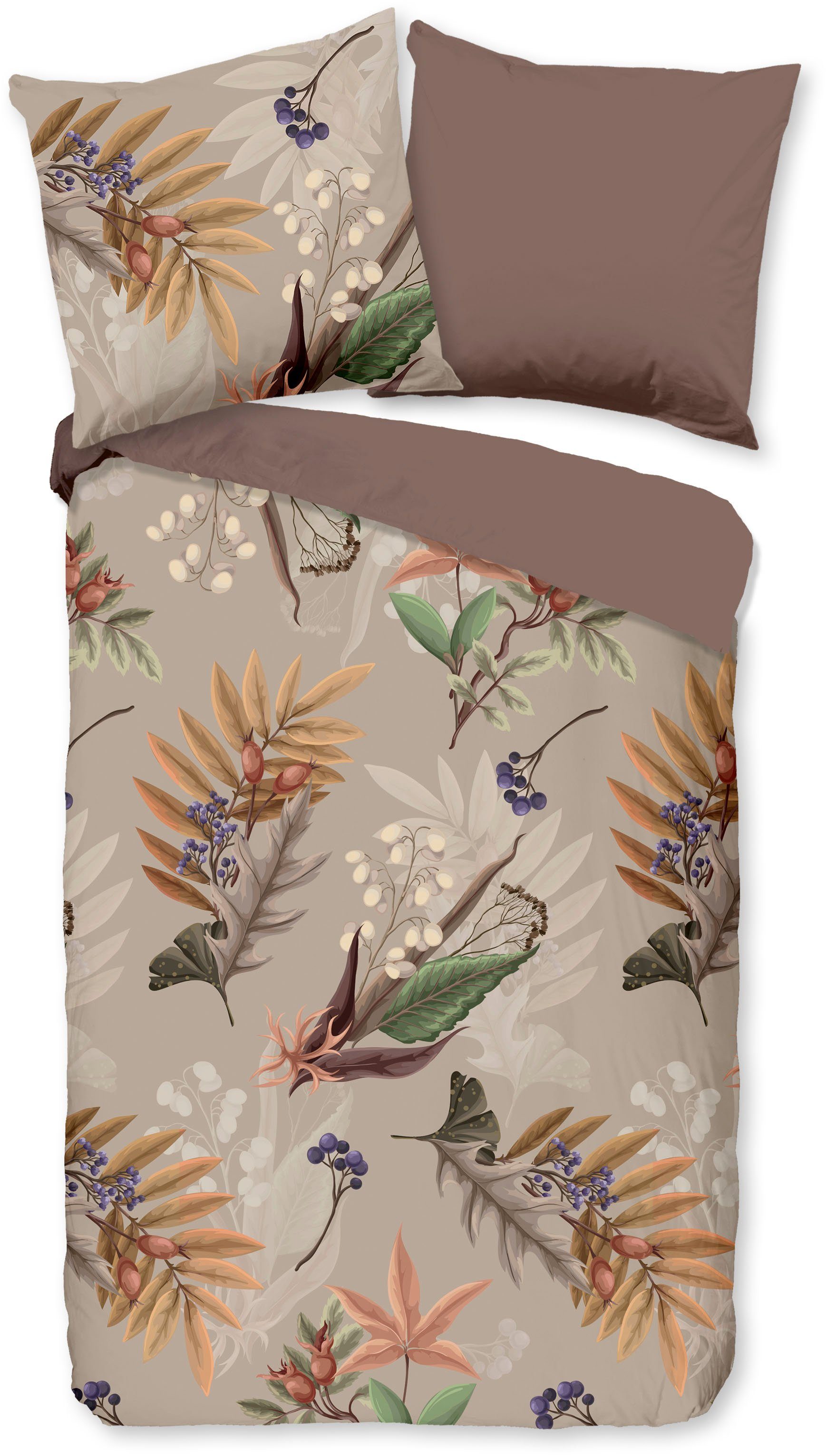 good morning Wendebettwäsche Otso, Renforcé, 2 teilig, 100% Baumwolle, 135x200, Reißverschluss, Wendeoptik, Herbst, Taupe – Bild 2 von 5