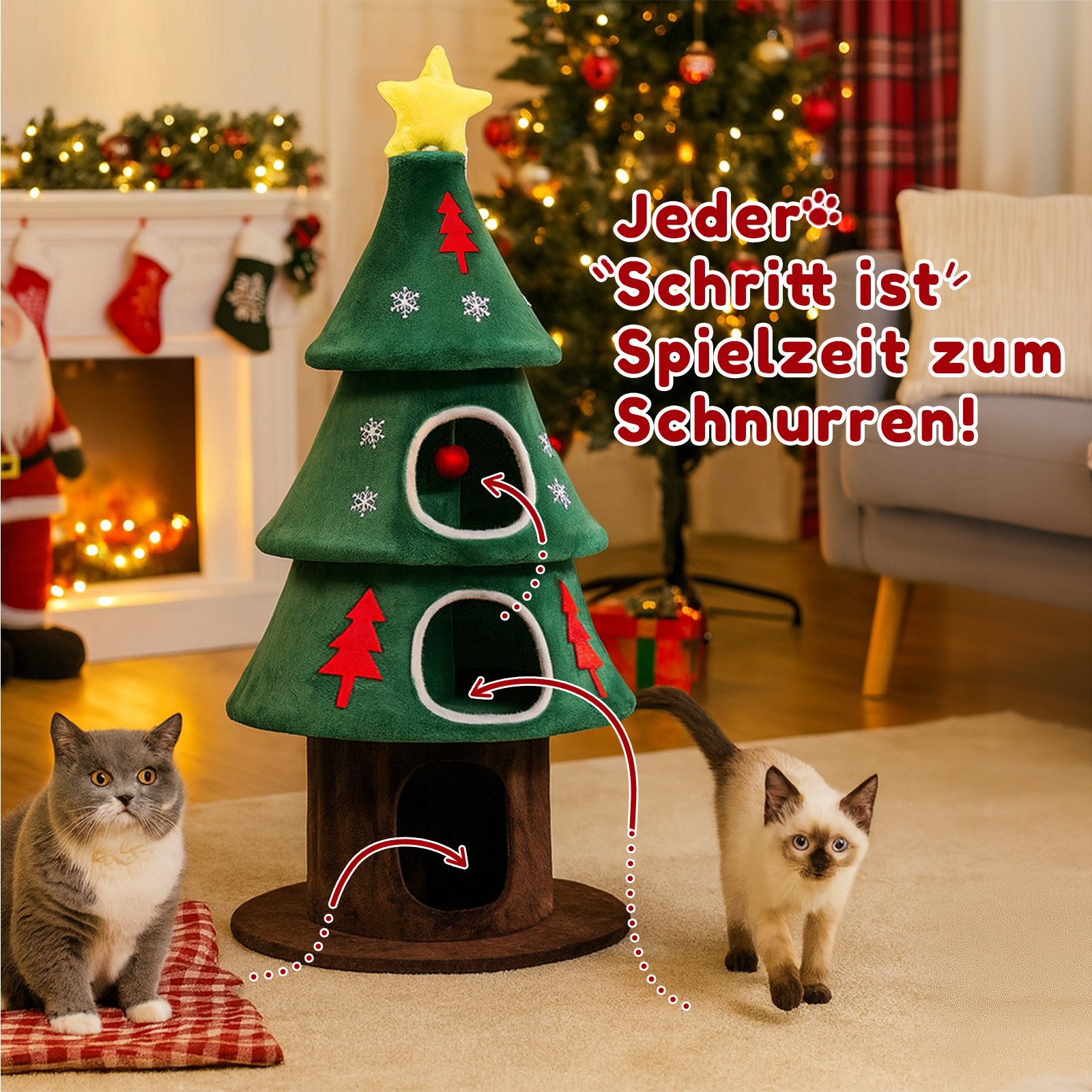 COMHOMA Kratzbaum 135 cm hoch, Weihnachtsbaum-Design, mehrstöckiger Katzenbaum, Katzenhaus mit Kratzsäulen Spielball stabiler Kletterbaum