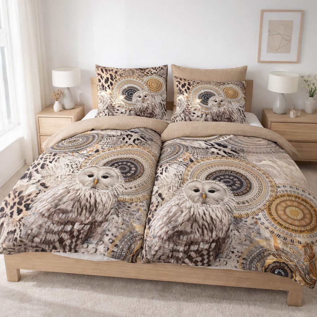 Traumschloss Bettwäsche Feinbiber, Biber, 2 teilig, beige Mandalas mit Eule
