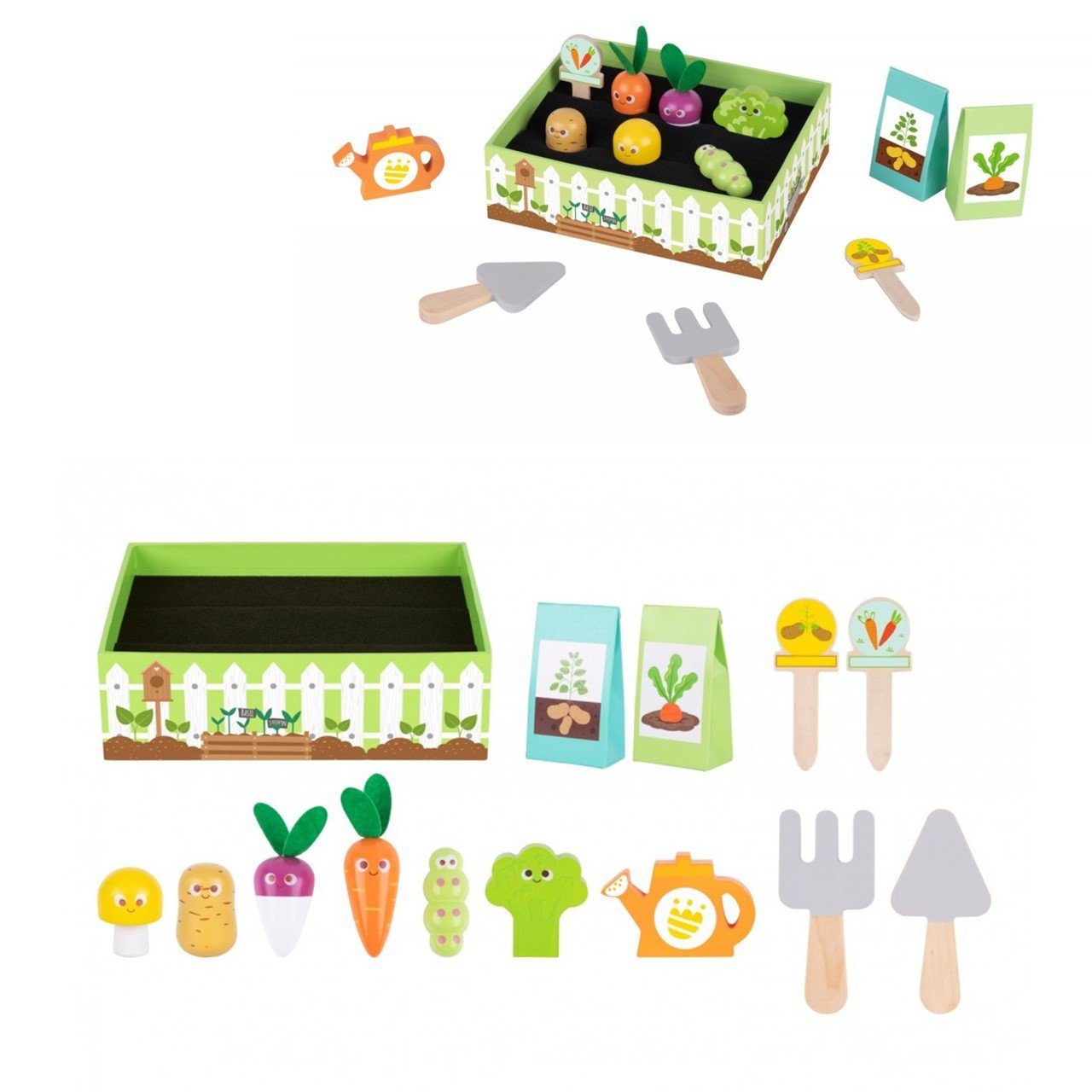 Tooky Toy Spiellebensmittel Kinder-Gartenset TK315 Holz, 14-teilig, Beet, Gemüse, Gießkanne, Samen