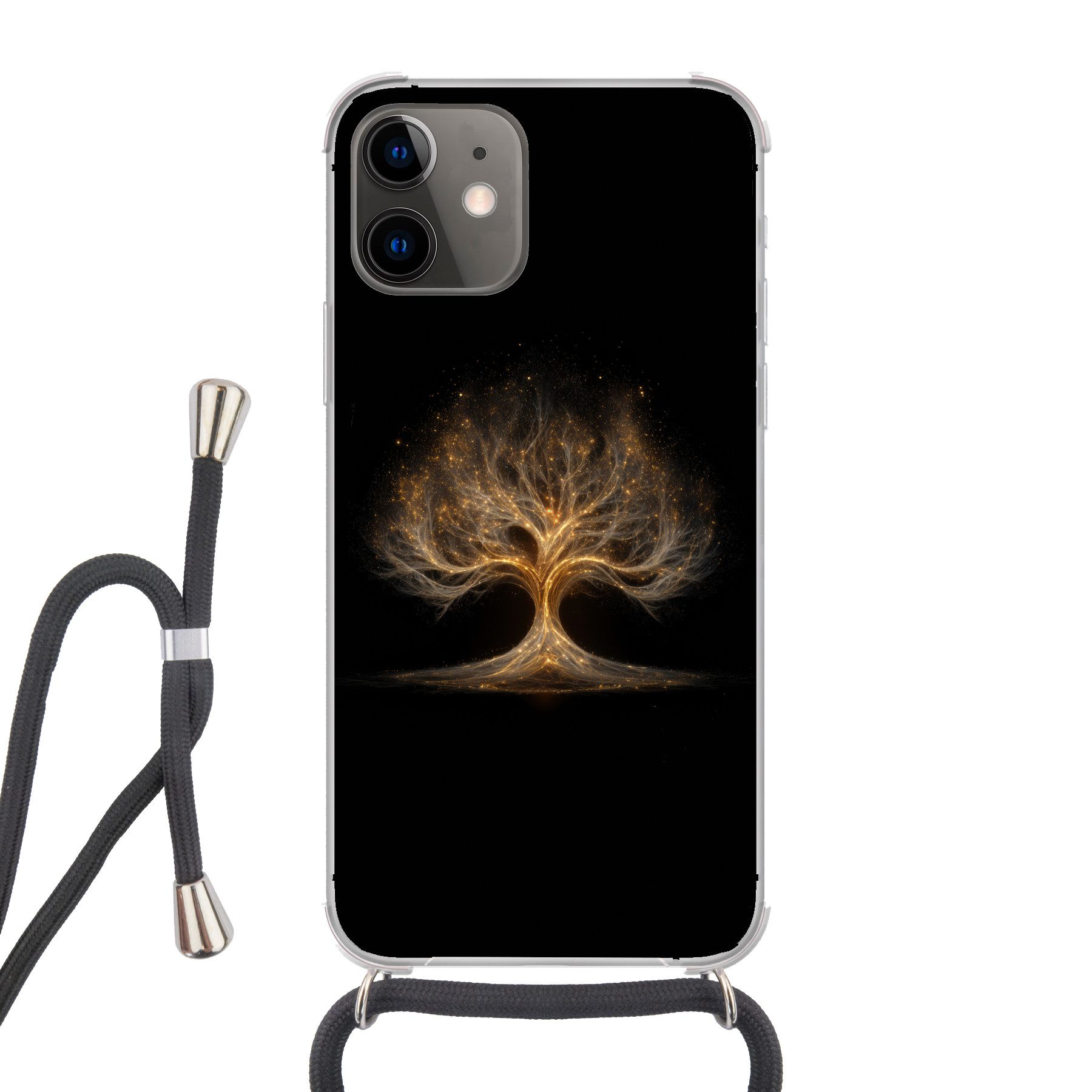 MuchoWow Handyhülle für Apple iPhone 12 Lichter - Baum - Abstrakt - Schwarz, Tragbare Handyhüllen mit Kette zum umhängen, Handykette Handyband