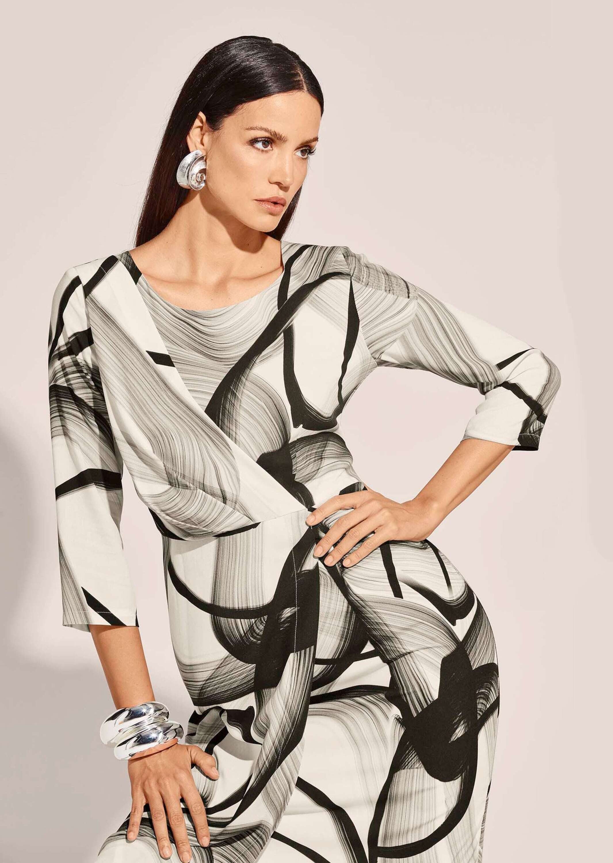 MADELEINE Midikleid Wickelkleid mit Grafikprint, 3/4-Arm Asymmetrischer Print, Rundhalsausschnitt, hinten Reißverschluss