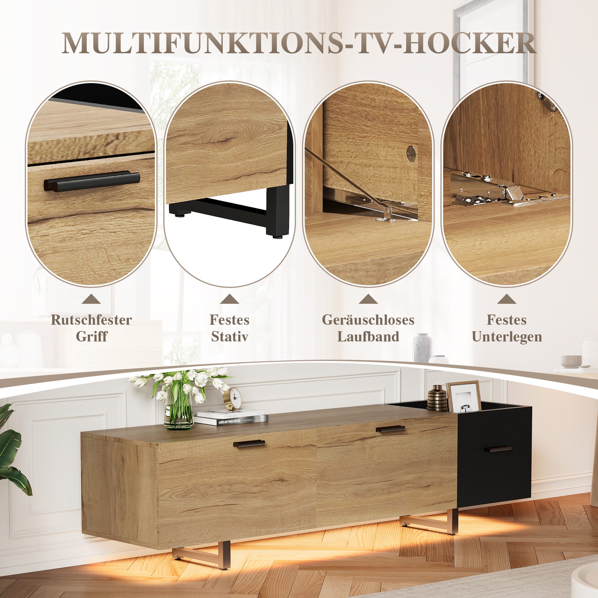 REDOM Lowboard mit offenen Fächern, großen Schubladen und geschlossenem Stauraum (TV-Schrank Fernsehtisch, TV-Board)