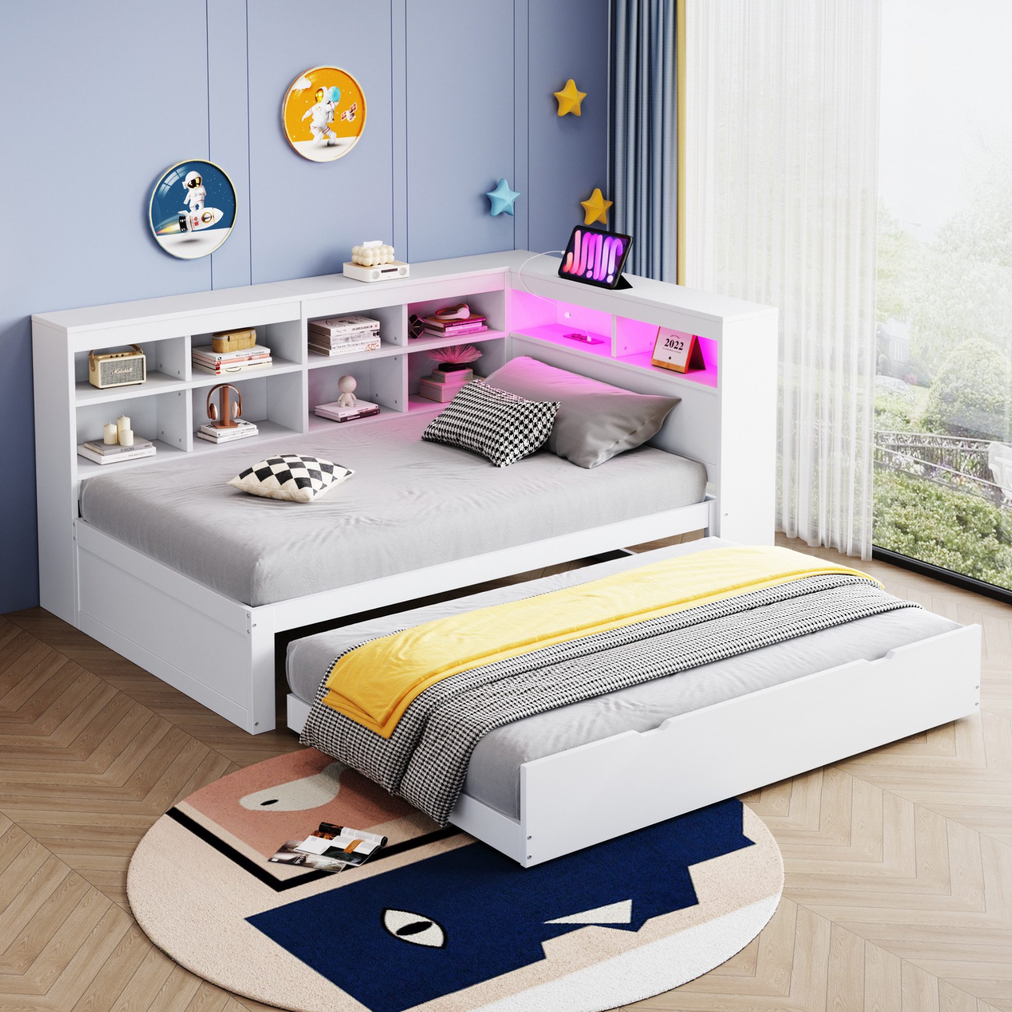 Odikalo Ausziehbett Daybett Schlafsofa USB LED Regal Ablagefächern Stauraum Weiß 90x200cm