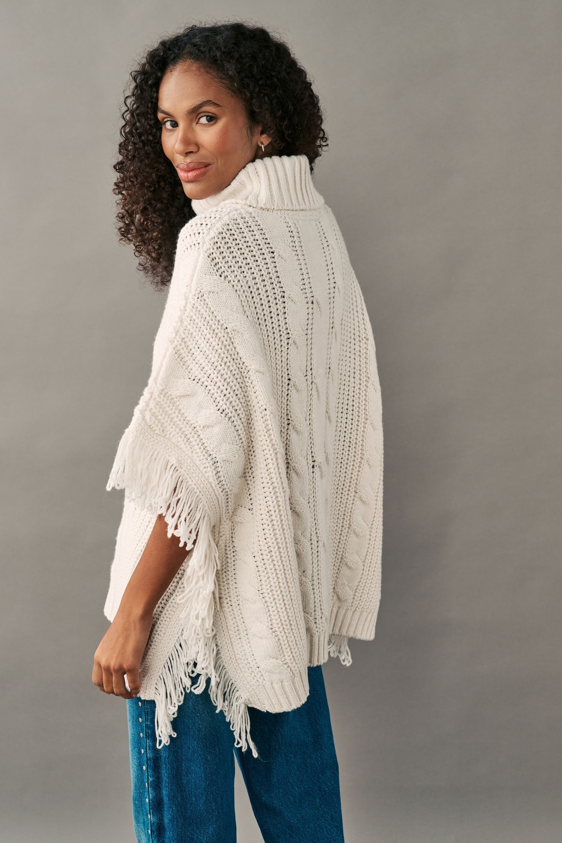 Next Strickponcho Cape-Strickjacke mit Rollkragen, Fransen günstig online kaufen