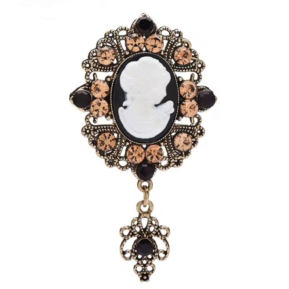 Dark-Desires Brosche Vintage Cameo Brosche mit Anhänger – schwarz goldfarben, Damen Brosche vintage Accesssoire retro Anstecknadel