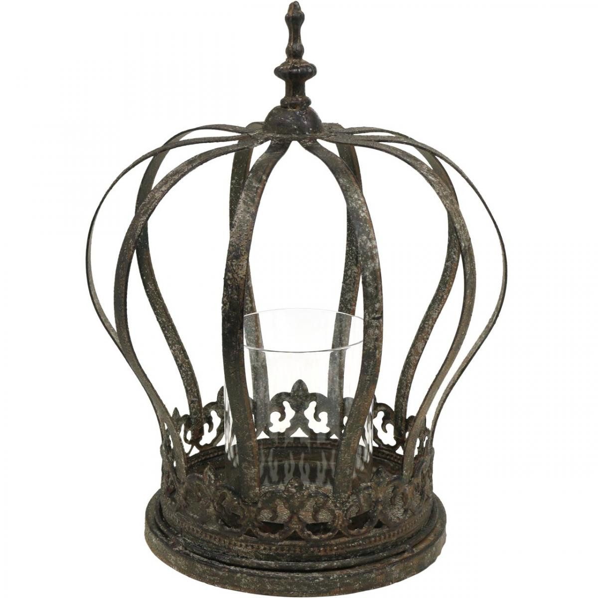 Posiwio Gartenfigur Windlicht "Königliche Antik-Krone" für Kerzen, Metall & Glas