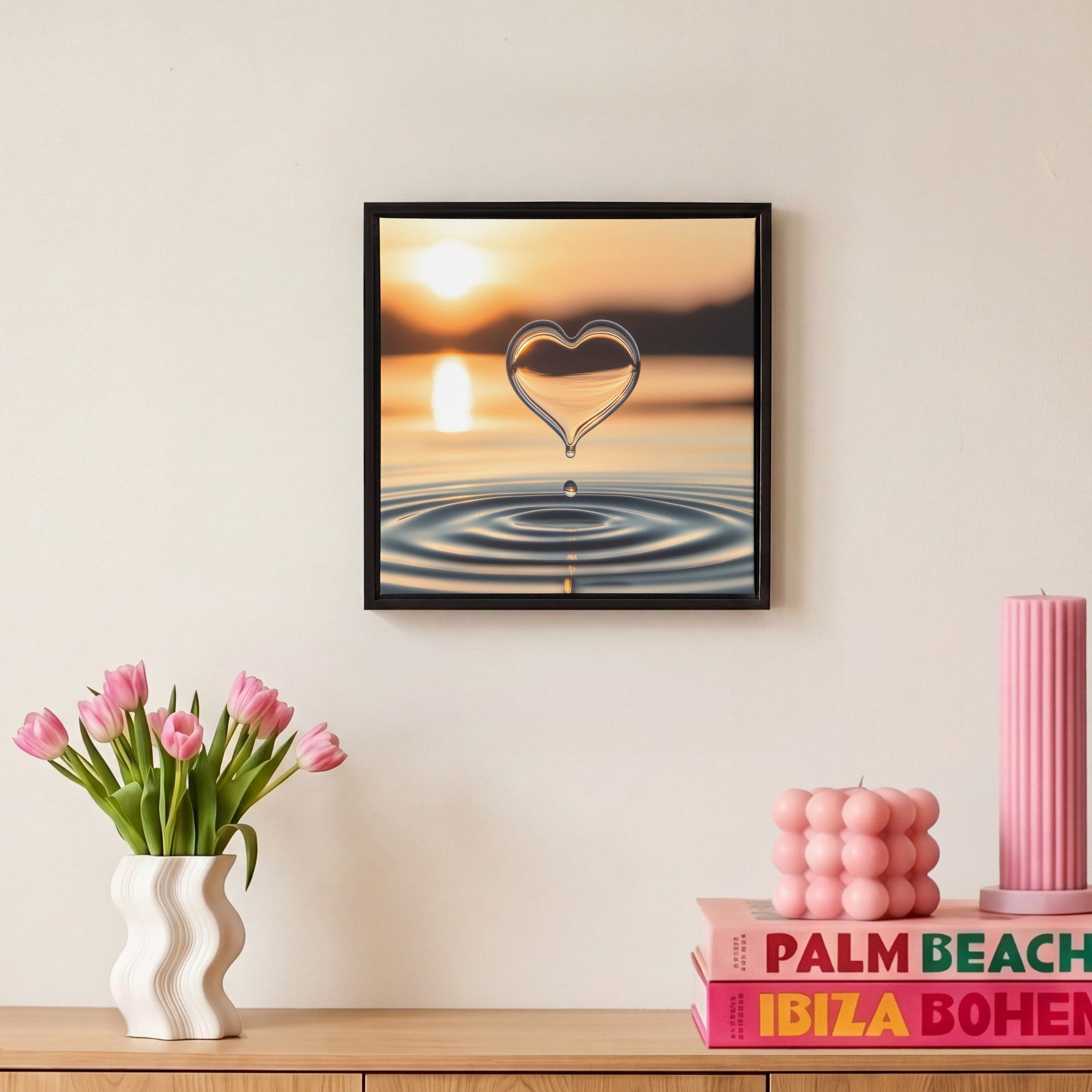 OneMillionCanvasses® Leinwandbild mit Rahmen - Herz - Wasser - Sonnenuntergang - Natur - Zen, Fotodruck (1 St), Leinwand Bilder Klein, Wand Dekoration Aesthetic – Bild 4 von 5