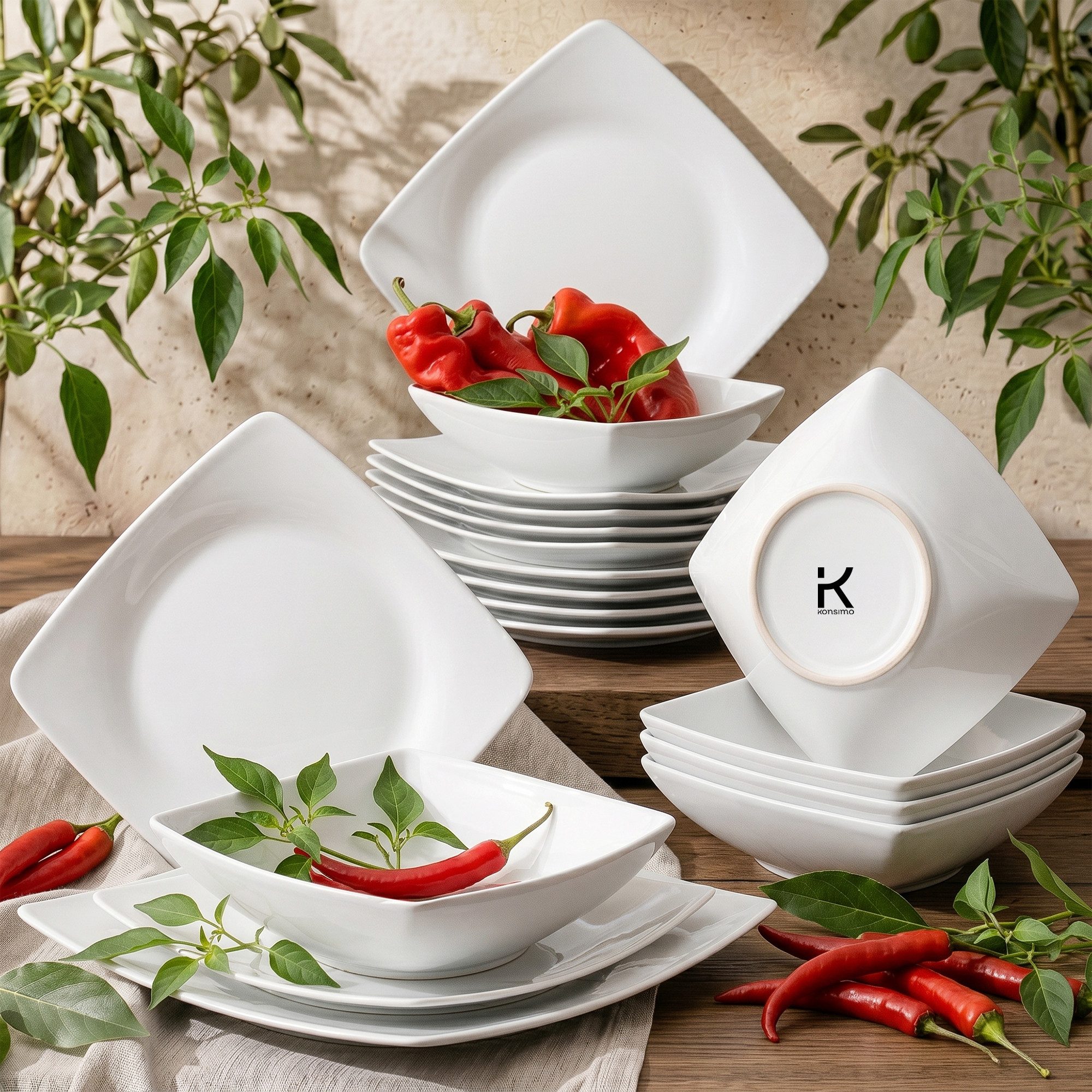 KONSIMO® Tafelservice EPIRI Geschirrset, Modern, hergestellt in der EU (18-tlg), Keramik, quadratisch, Spulmachinen- und Mikrowellengeeignet