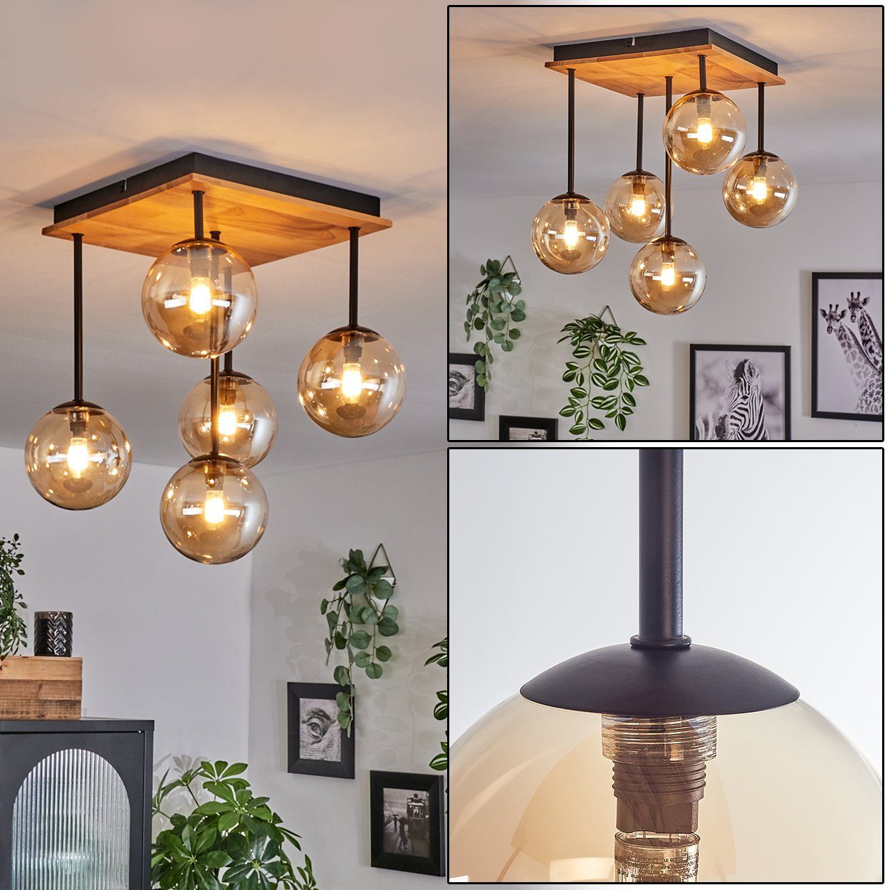hofstein Deckenleuchte Deckenlampe aus Metall/Holz/Glas in günstig online kaufen