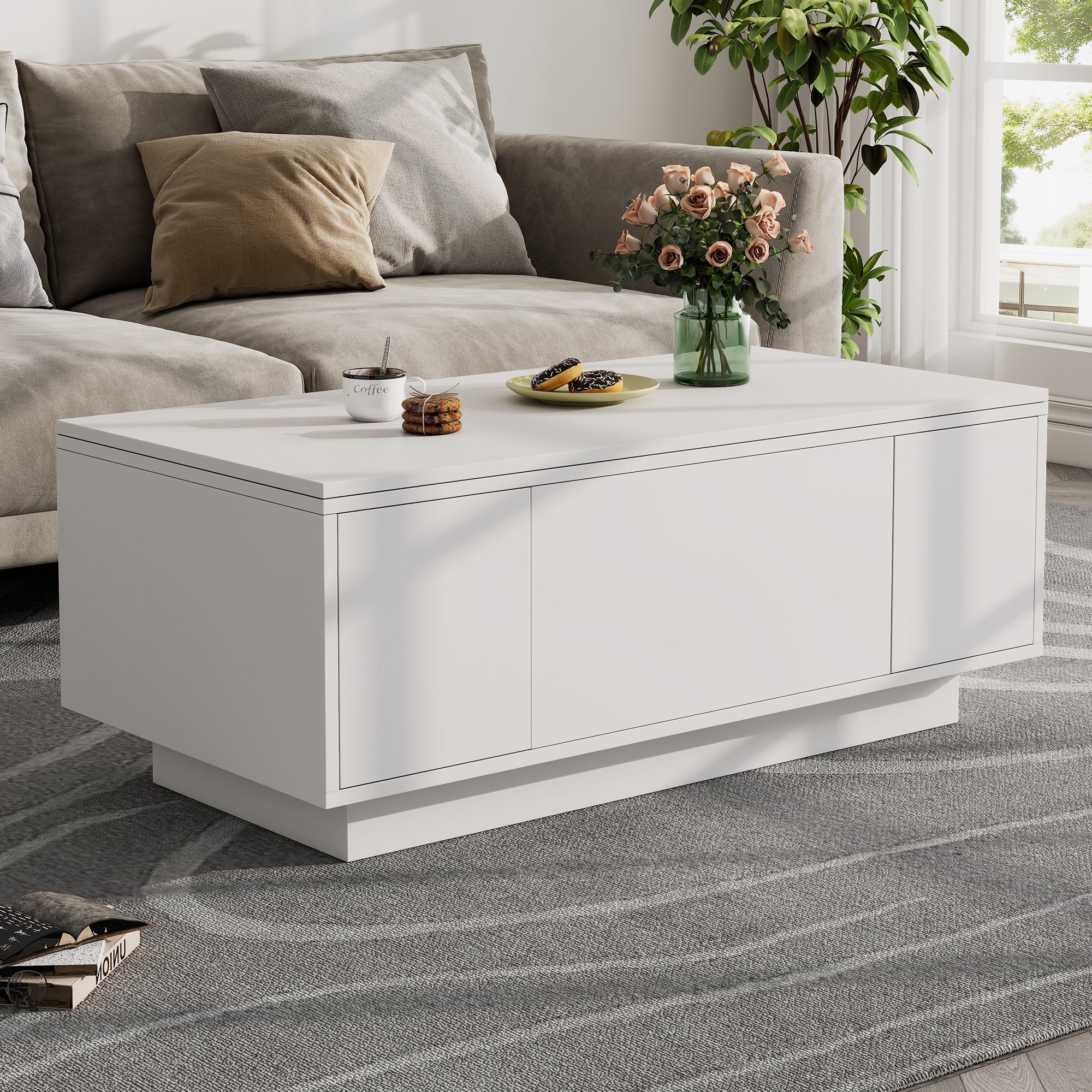Merax Couchtisch Höhenverstellbarer Kaffeetisch mit Verstecktem Stauraum und Ablage (1-St., 100x50x43cm), Ausziehbarer Wohnzimmertisch Sofatisch für Wohnzimmer – Bild 3 von 5