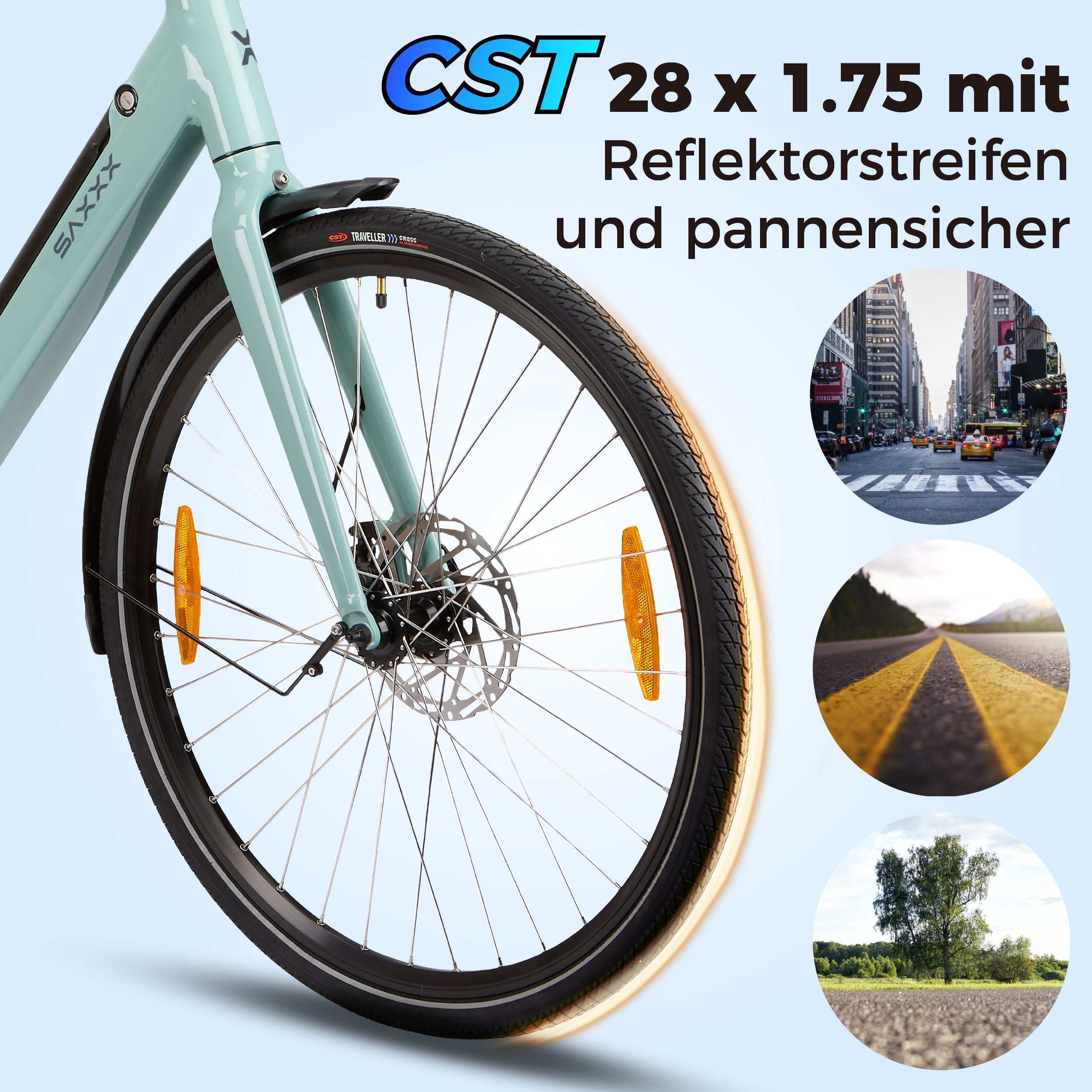 SAXXX E-Bike Cityrad 28 Zoll für Damen und Herren, Elektrofahrrad nur 21,5kg, bis zu 90km, 7 Gang Shimano, Kettenschaltung, Heckmotor, 418 Wh, E-Cityrad, Farb-LCD, RH: 45cm/48cm, Tektro hydr. Scheibenbremsen