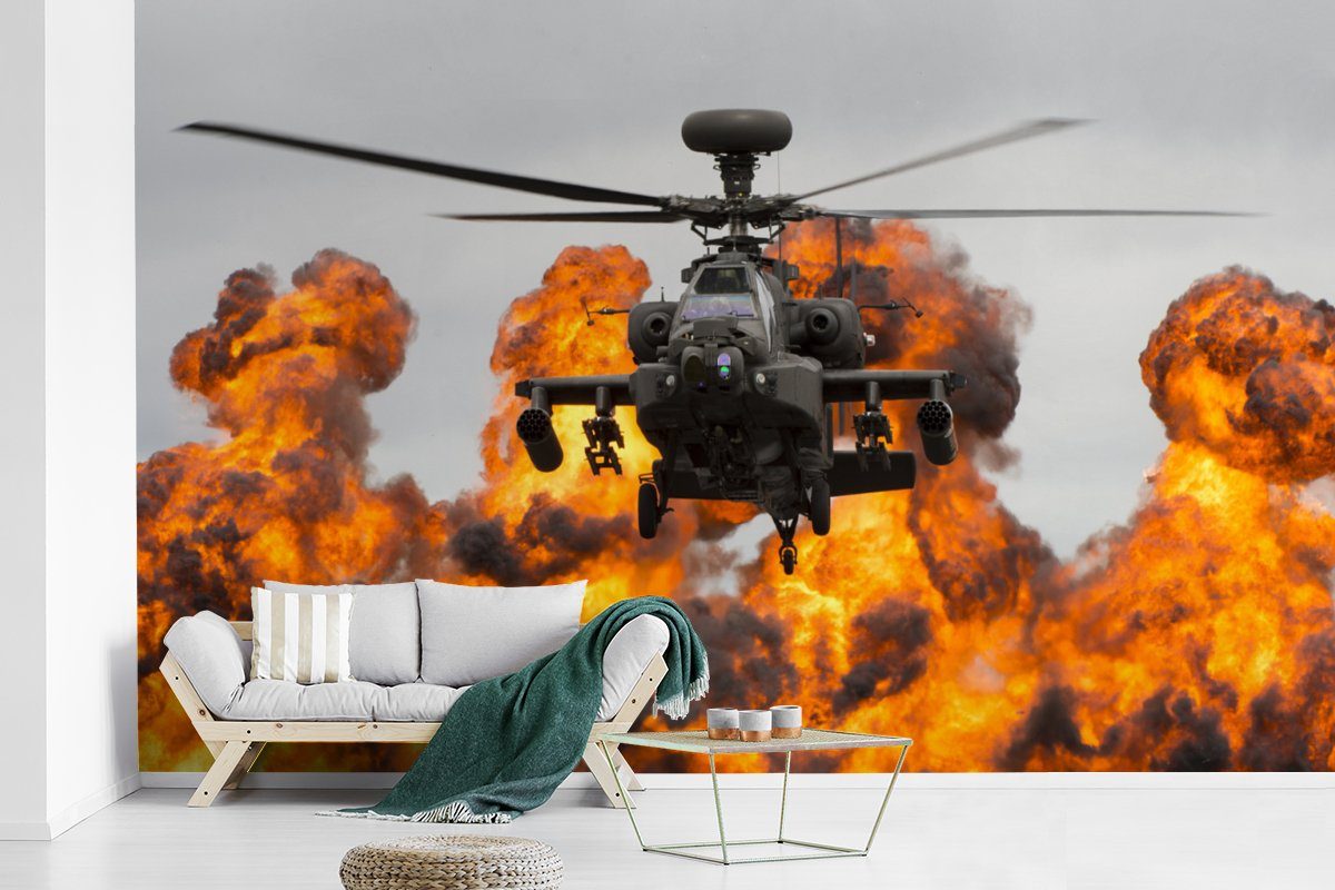 MuchoWow Fototapete Amerika - Tapete Wandtapete Hubschrauber (7 Feuer, Montagefertig Matt, Wohnzimmer, für St), bedruckt, - Vinyl