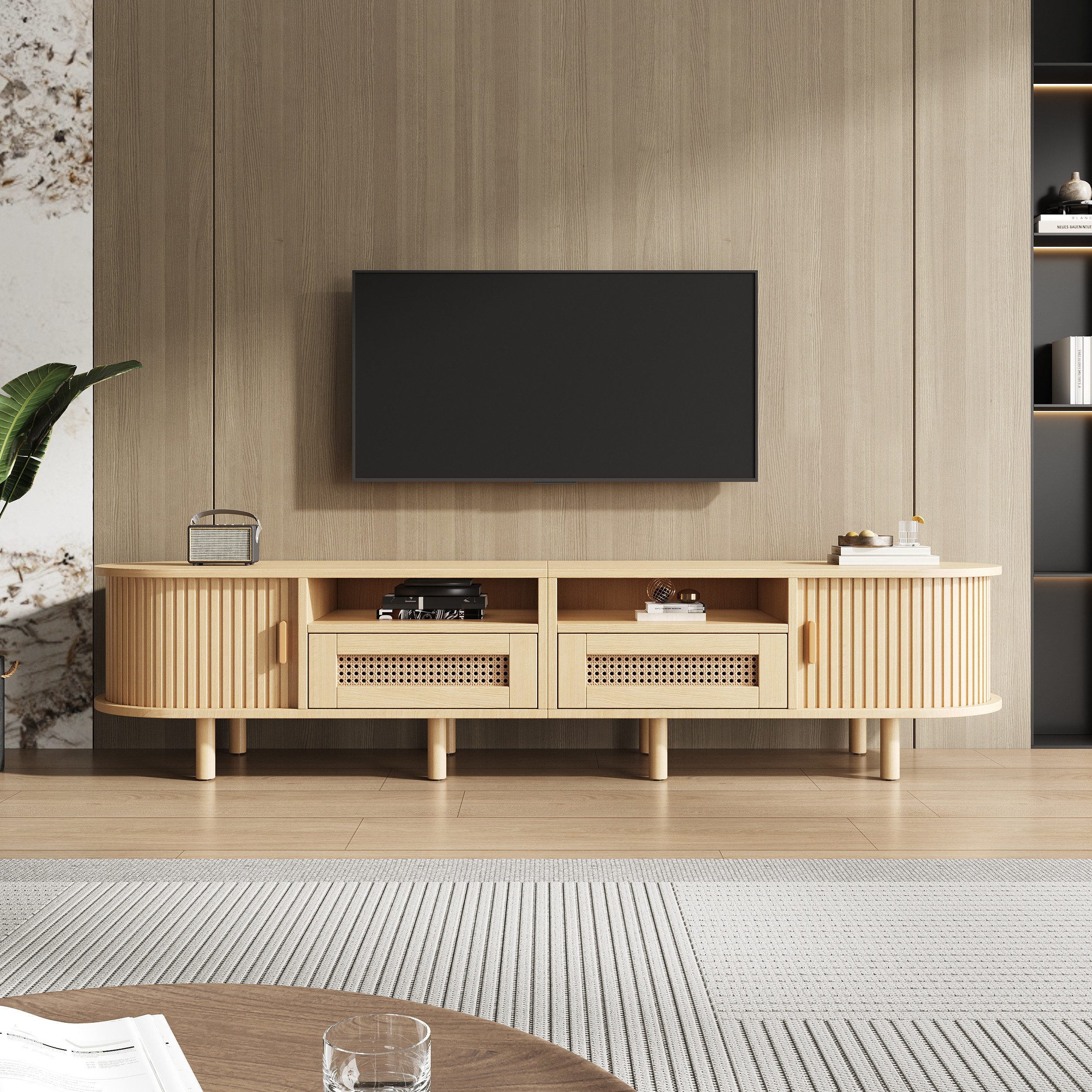 HAUSS SPOLE TV-Schrank mit Schiebetür,Lowboard TV-Regal mit Rattanschubladen,Holzfarbe (TV-Board und TV-Kommode, mit 2 Rattan Design Schubladen,2 Schiebetür) Fernsehtisch bis zu 70 Zoll
