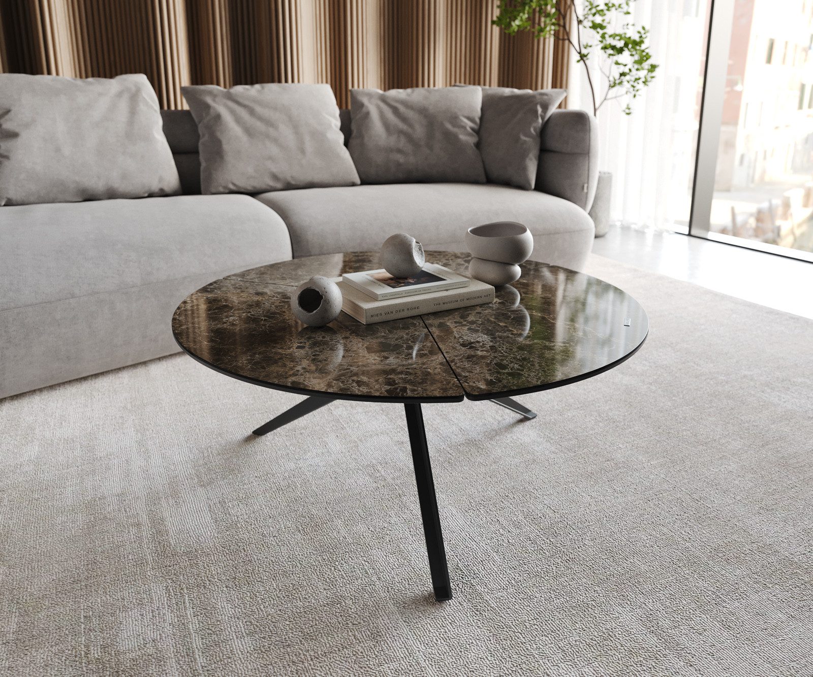 DELIFE Couchtisch Delron, Keramik Emperador Extra Lucidato Dunkelbraun 90x90 cm Kreuzfuß Flach M
