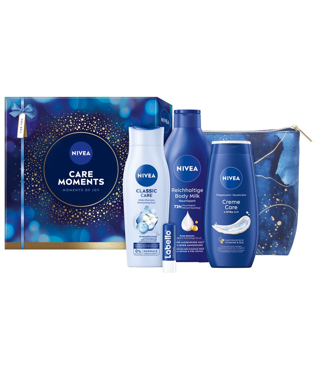 Nivea Hautpflege-Set Care Moments Geschenkset 5-teilig Kulturtasche Pflegeset Damen Labello Set, 1-tlg., Pflegeroutine als Geschenkidee