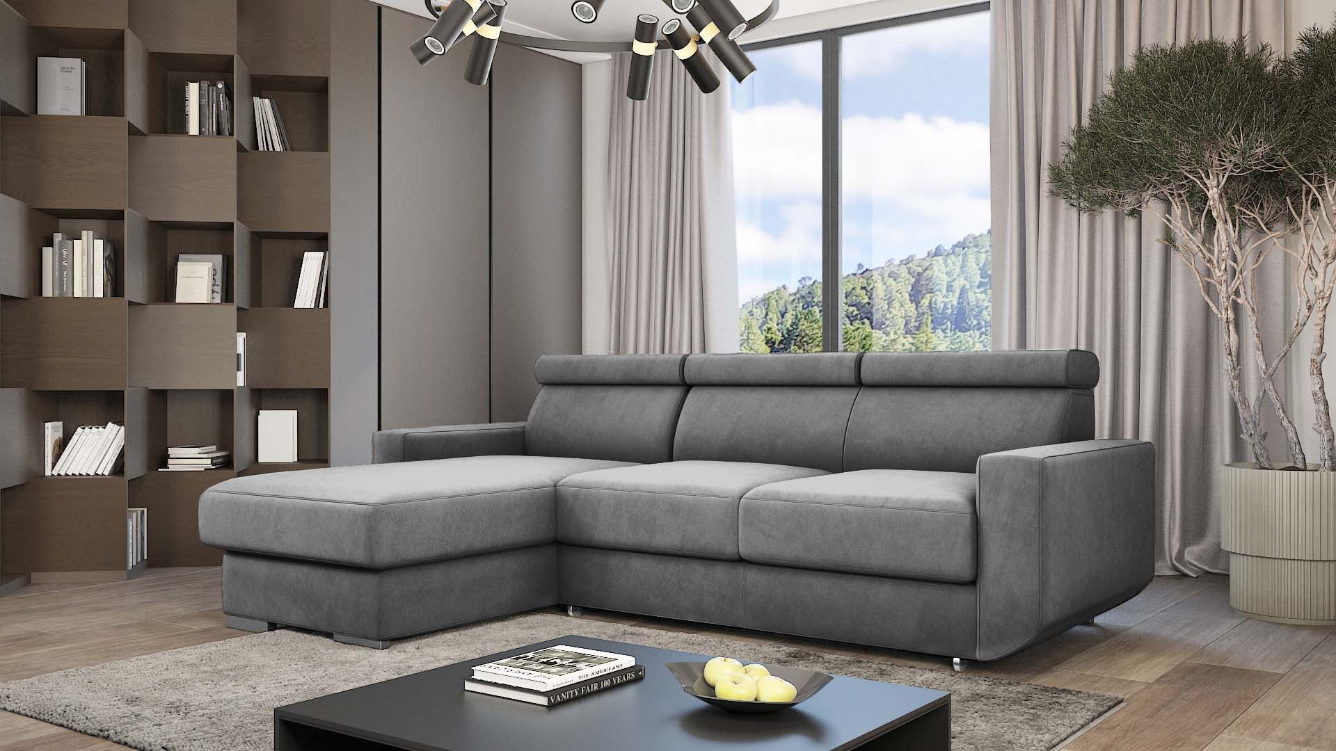 Goldstoff Ecksofa mit Schlaffunktion & Bettkasten "HUGO" verstellbare Kopfstützen, L-Form Couch mit Schlaffunktion und Bettkasten - Sofa, mit Relaxfunktion