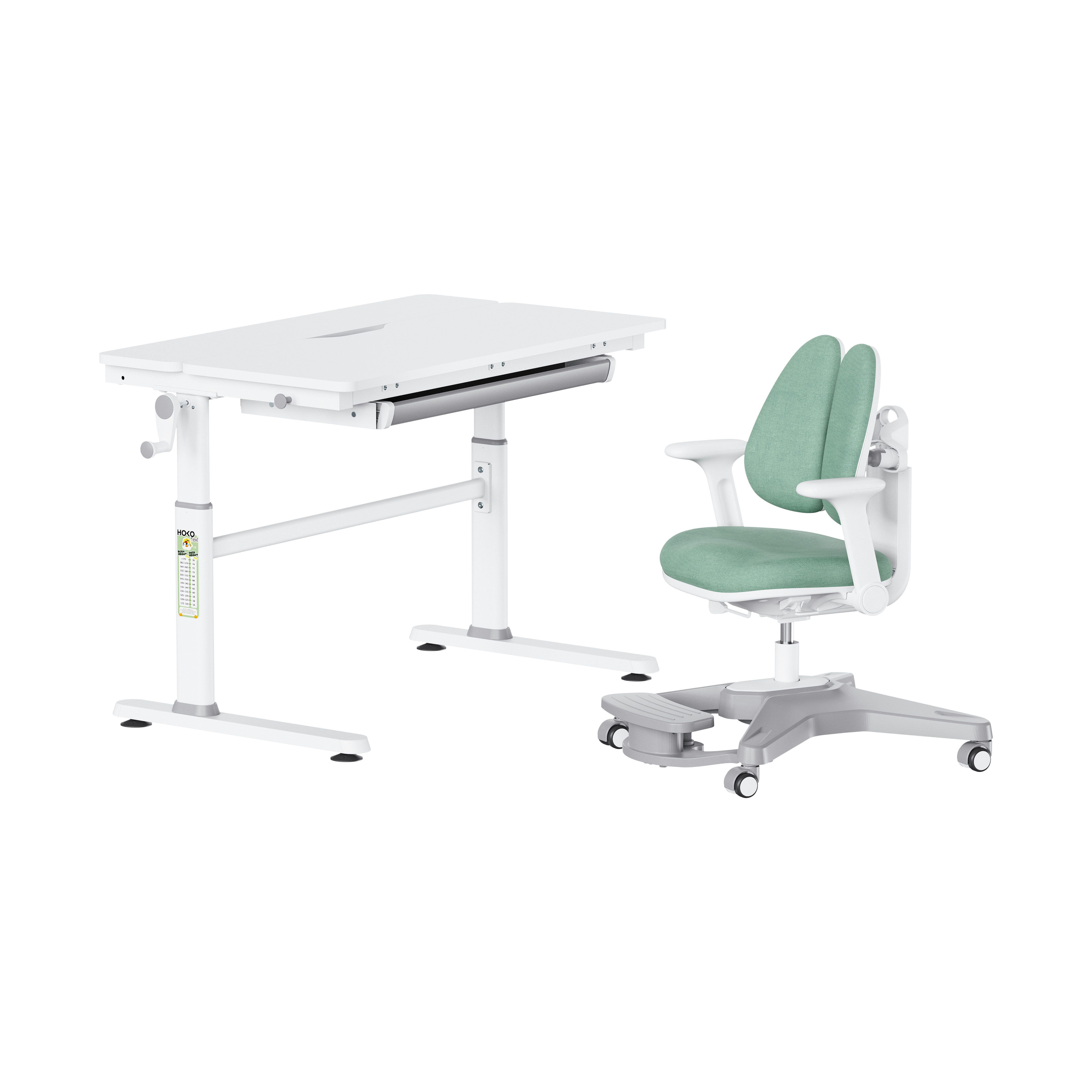 HOKO Kinderschreibtisch höhenverstellbar für Kinder ab 6 Jahren (Kinderschreibtisch-Stuhl Set, 100x60cm Schreibtisch mit neigbarer Platte, ergonomischem Kinderstuhl), Kindertisch Stuhl Set für Kinderzimmer, Weiß-Grün, JANA & ANTON