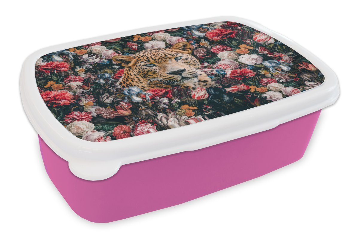 MuchoWow Lunchbox Leopard - Blumen - Tiere, Kunststoff, (2-tlg), Brotbox für Erwachsene, Brotdose Kinder, Snackbox, Mädchen, Kunststoff rosa