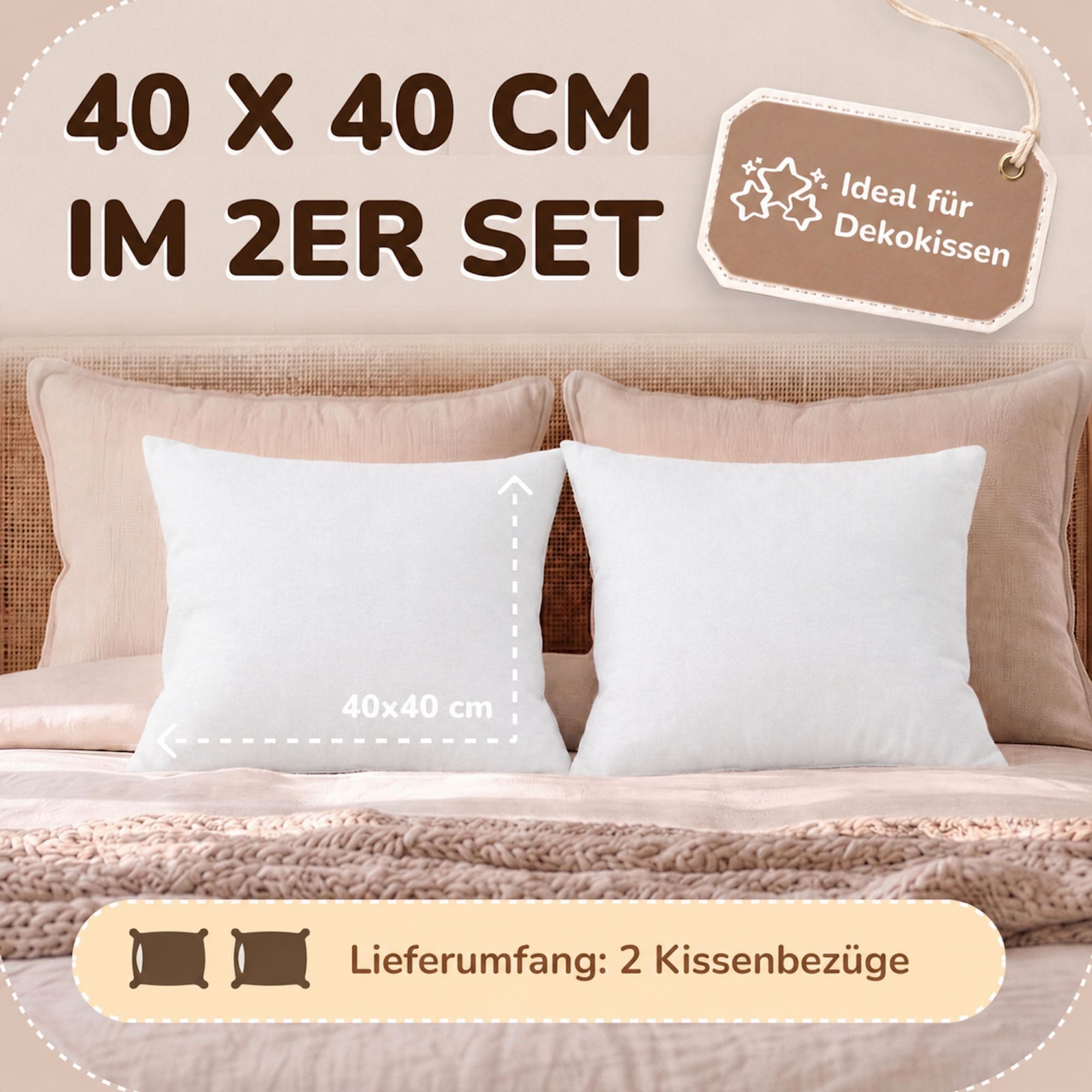 leevitex® Kissenbezüge Kissenbezug 40 x 40 cm, 2er Set, Weiß, (2 Stück), feine Jersey-Qualität, 100% Baumwolle, robuster Reißverschluss