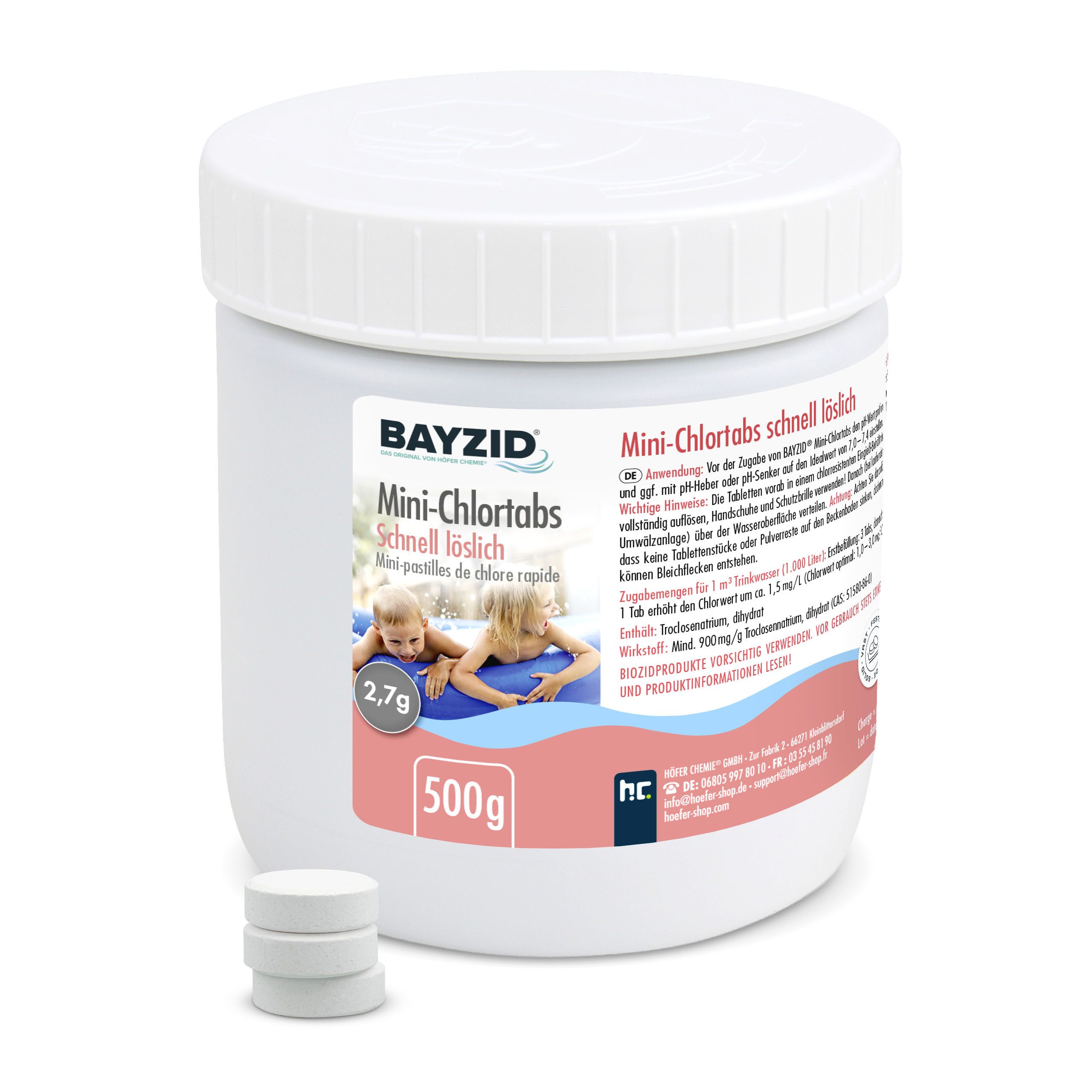 Höfer Chemie GmbH Chlortabletten 500 g BAYZID® Mini - Chlortabs 2,7 g für kleine Pools, Schnelle Desinfektion für kleine Becken