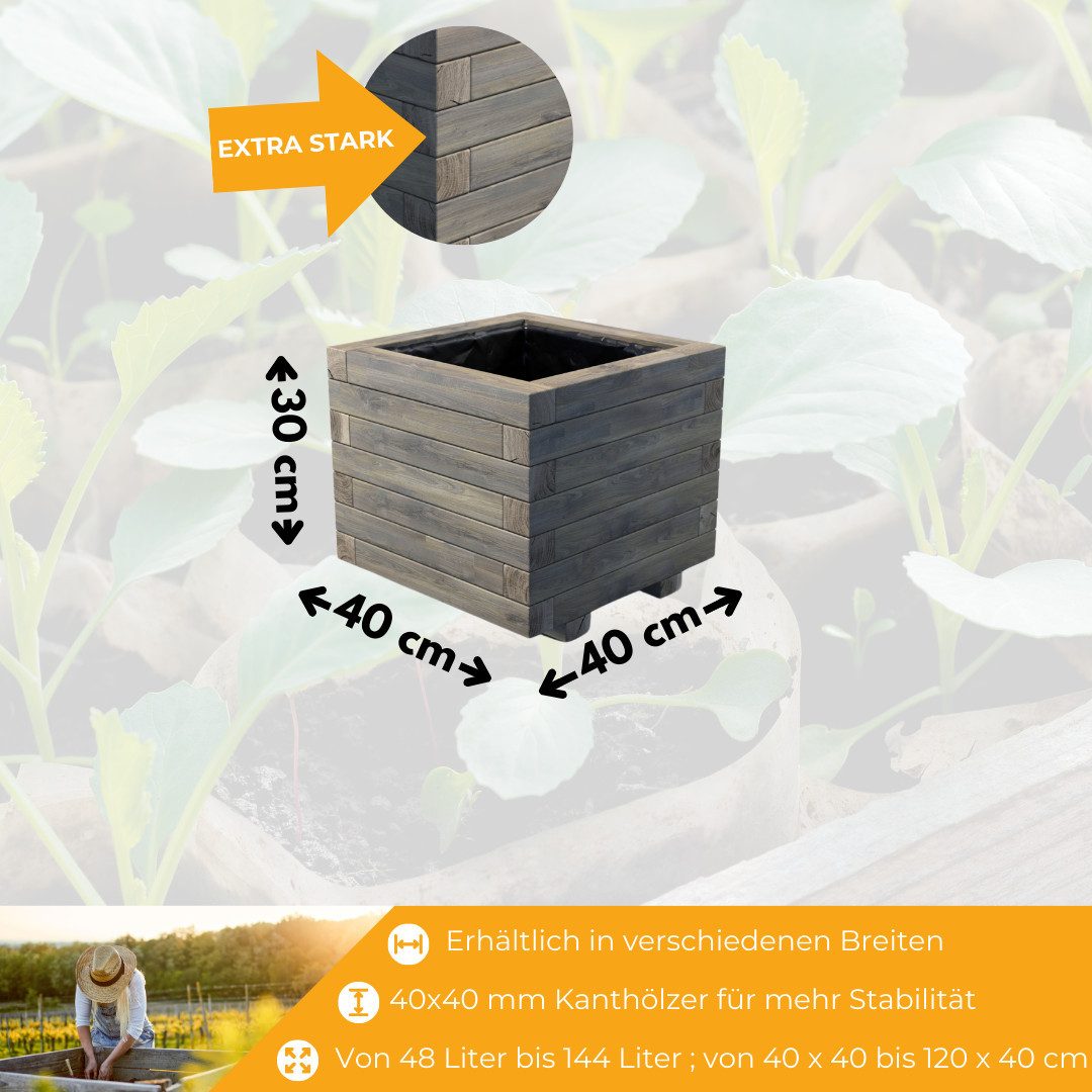 Mega-Holz Pflanzkübel Mega Holz Pflanzkübel Kiefer Grau Lasiert Blumenkasten 40-120 cm lang, Rechteck Kräuterbeet 40x40x30 cm Wettergeschützt