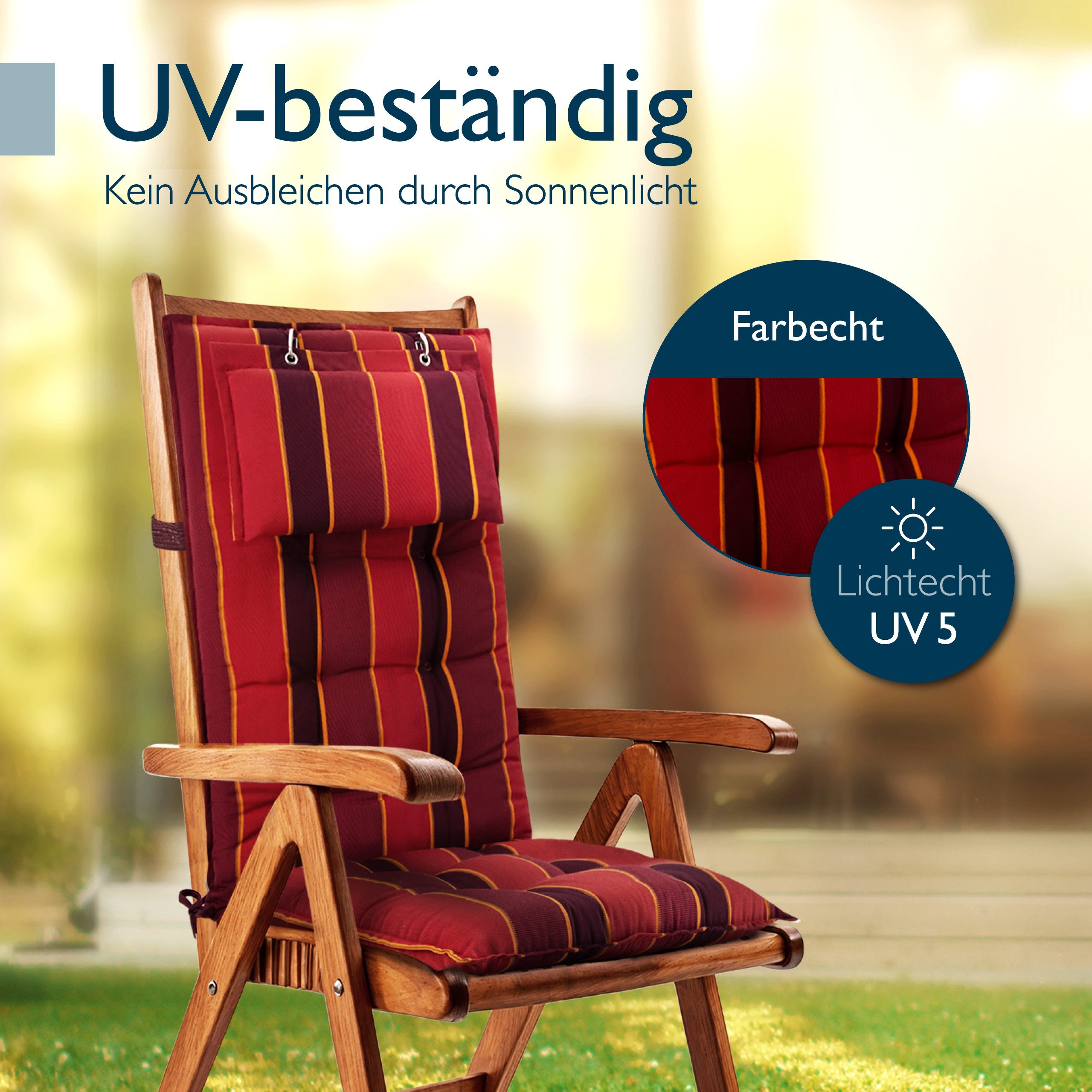 Beautissu Hochlehnerauflage 2er Set Sun-HL Hochlehner Auflage 120x50x8cm Rot-Anthrazit-Gestreift, Mit Kopfpolster, rutschfest & robust – Befestigungsbänder, UV  – Bild 4 von 5