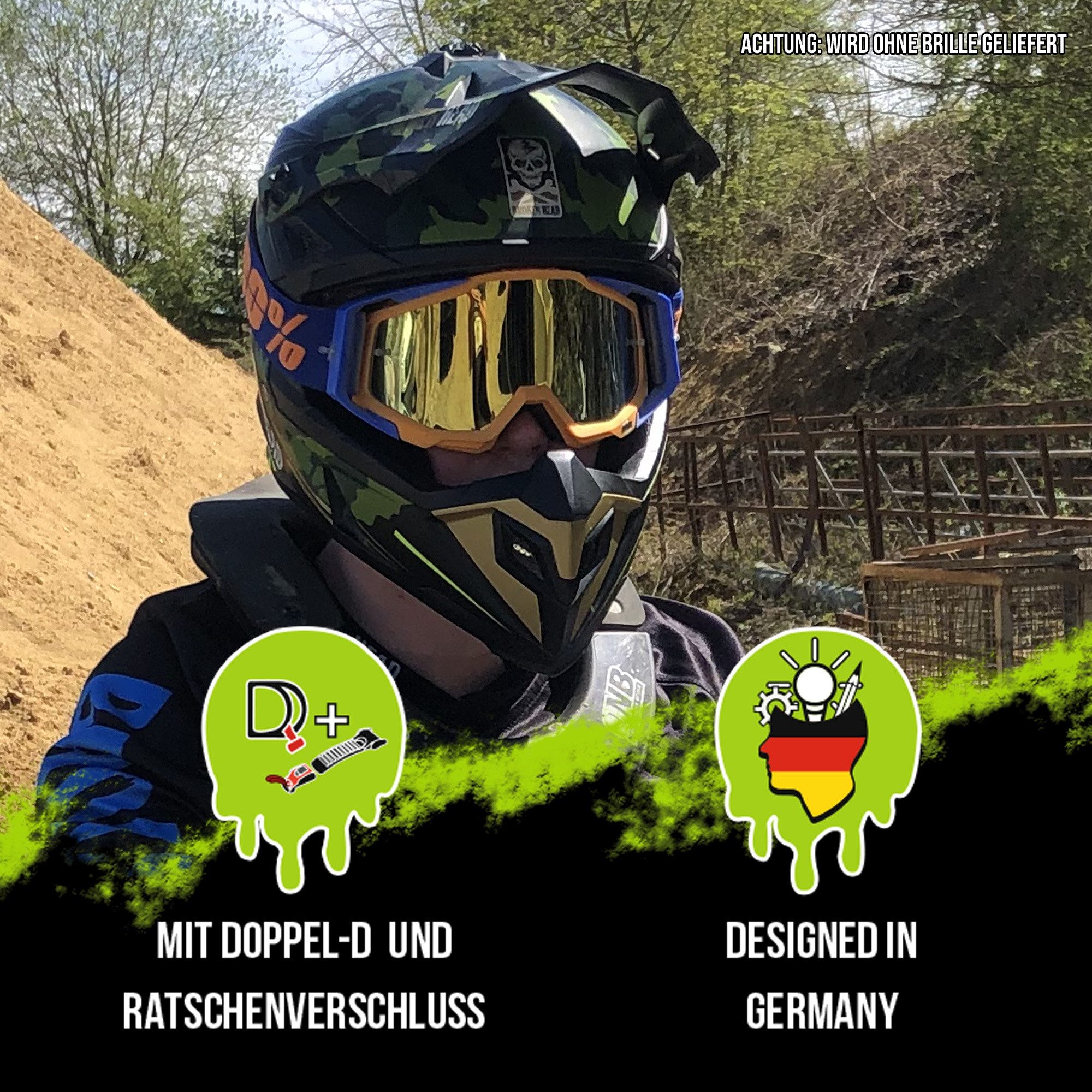 Broken Head Motocrosshelm Squadron Grün-Gold (Mit MX-2 Brille Schwarz), Zwei Verschlüsse