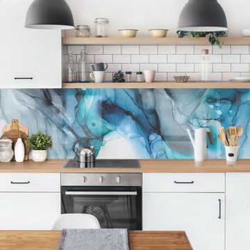 Bilderdepot24 Küchenrückwand blau dekor Kunst Muster Regenwolken Wandverkleidung Küche, (1-tlg., Nischenrückwand - für Fliesenspiegel ohne Bohren - matt), Spritzschutz Rückwand Küche Herd - Folie selbstklebend versch. Größen