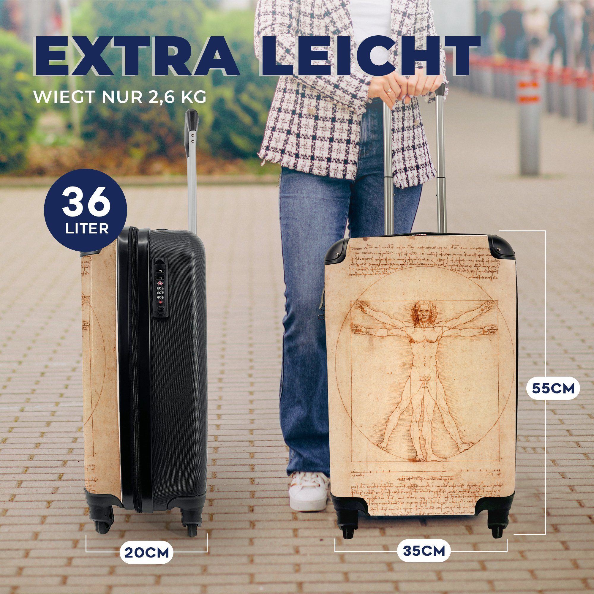 MuchoWow Handgepäckkoffer Der Reisetasche Handgepäck Mensch Ferien, Vinci, Trolley, Rollen, Reisekoffer für Leonardo rollen, vitruvianische mit da - 4