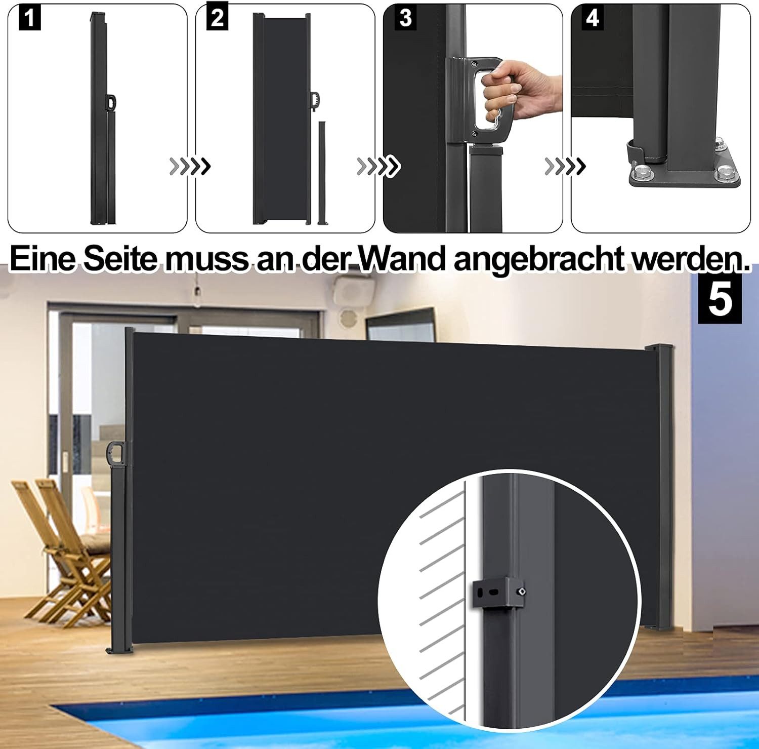 FIVMEN Seitenmarkise Ausziehbar Blickdicht Sonnenschutz mit Wandhalterung Sichtschutz Markise für Balkon, Terrasse, Garten – Bild 4 von 5