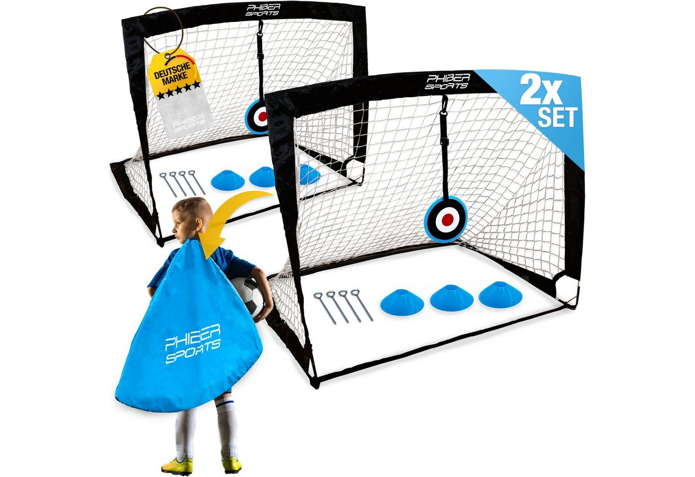 PHIBER-SPORTS Fußballtor 2er Tor Kinder Set (Verbesserte 2023 Version mit verstärkter Glasfaser, Inkl. Tragetasche, 6x Hütchen, 2x Ziel), Fussballtore Für Garten Kinder, Fussballtor Outdoor, Fußball Tor