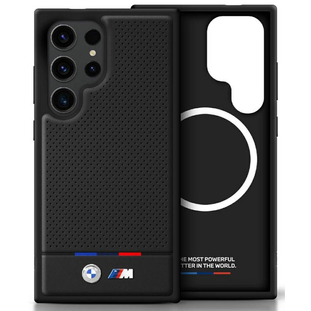 BMW Handyhülle Galaxy S25 Ultra Kunstleder gelocht schwarz MagSafe Logo Metall 6,9 Zoll, Kantenschutz