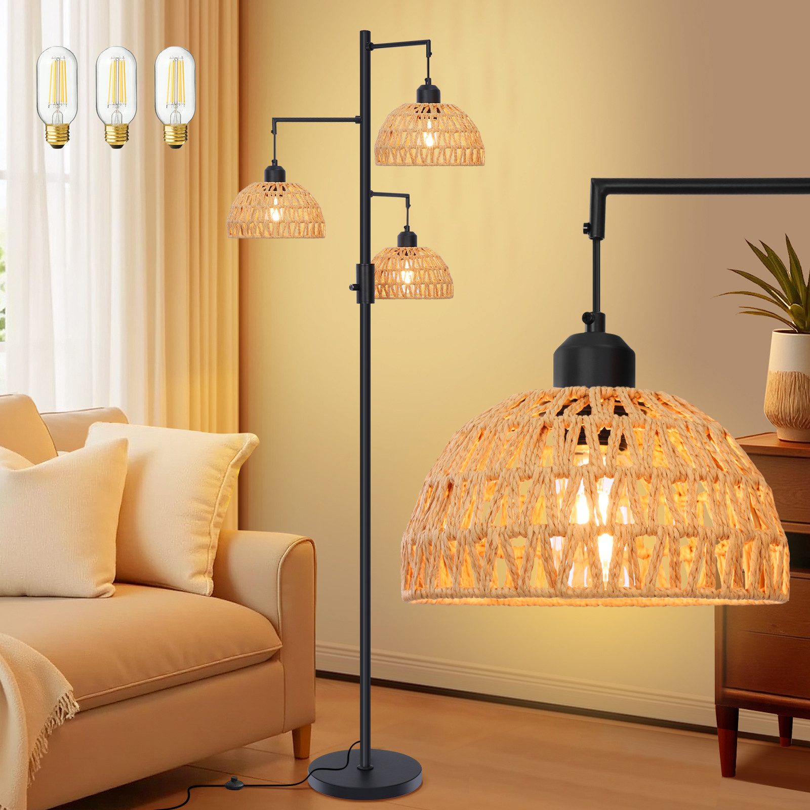 LED Stehlampe Stufenlos Dimmbar Stehlampe Wohnzimmer, Rattan Boho Stehleuchte