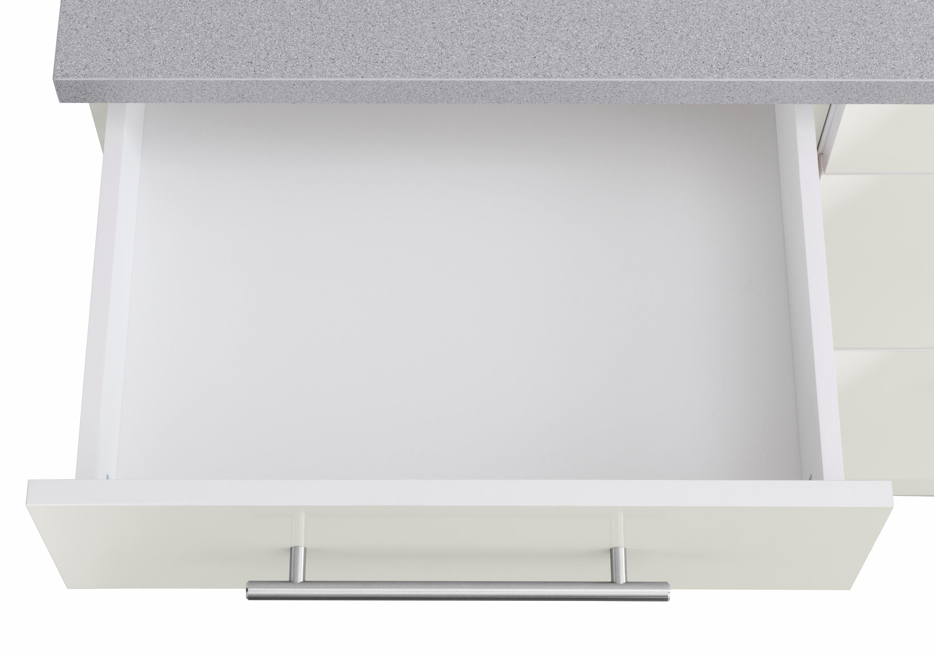 matt E-Geräten, weiß, Weiß Korpus: Grau Küchen cm Glanz, mit Küchenzeile wiho Breite Playa Metallgriffen Arbeitsplatte mit | Cali, Front: weiß 360