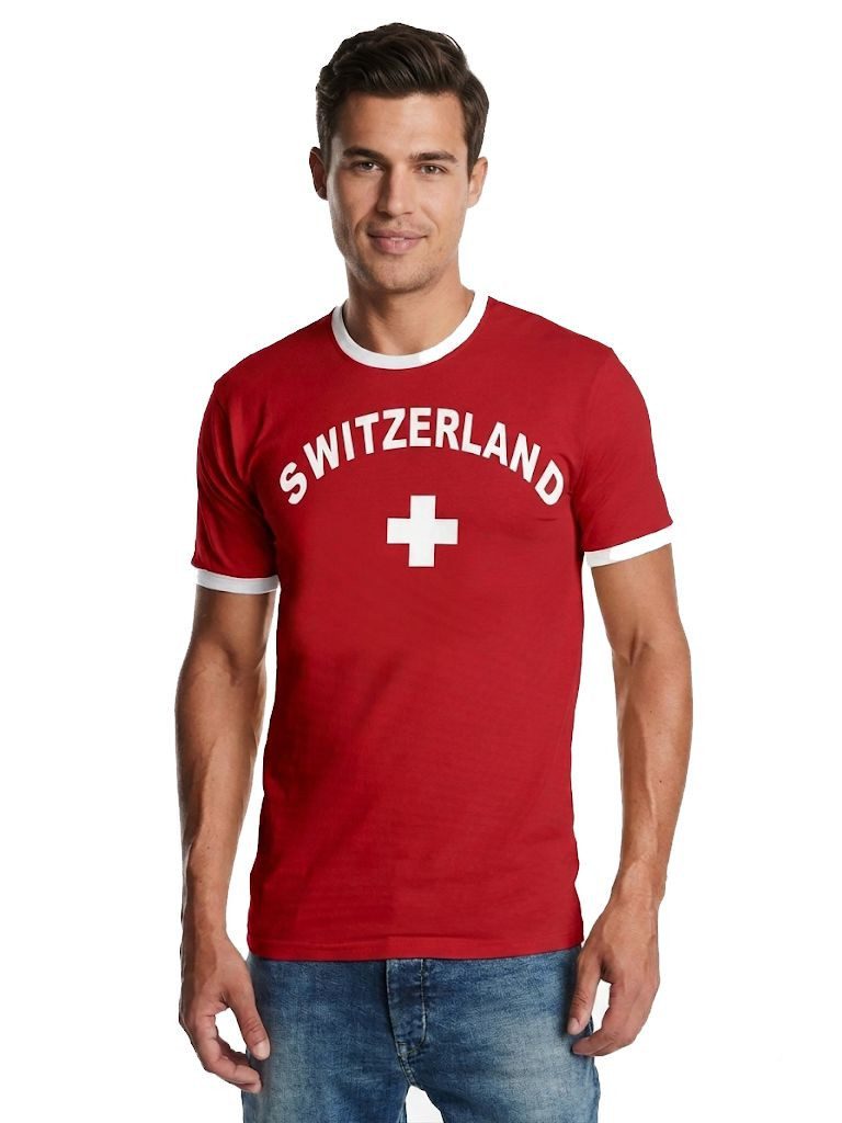 coole-fun-t-shirts Print-Shirt Schweiz T-Shirt Rot mit Kontrastbündchen – Fan-Shirt Freizeit Fussball Schweiz Trikot RetrolStyle Fußball Fan T-Shirt
