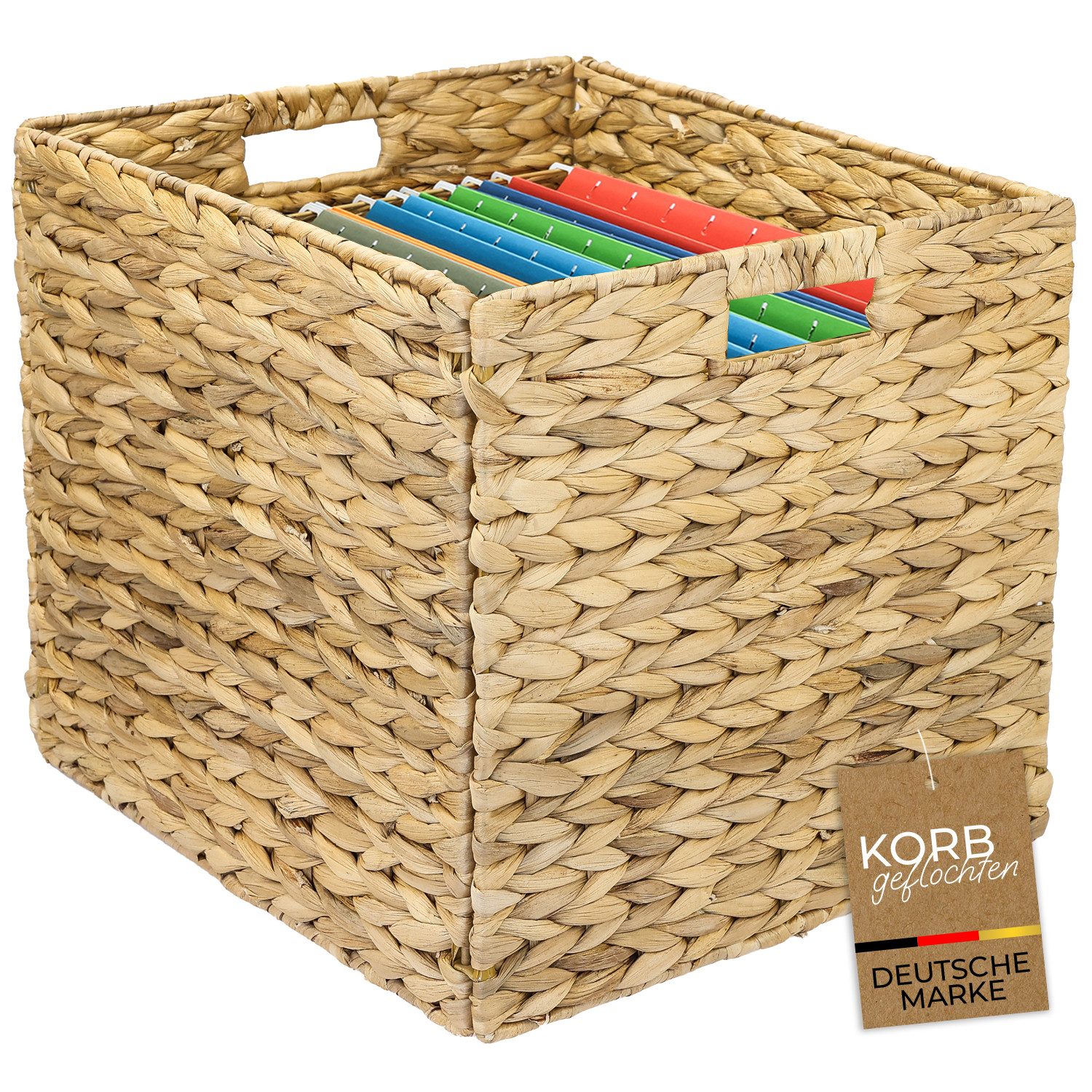 HMF Hängeregistraturbox Aufbewahrungskorb für DIN A4 Hängeregister passend für KALLAX-Regal, Korb geflochten aus Wasserhyazinthe mit Griffen, 33 x 38 x 32 cm