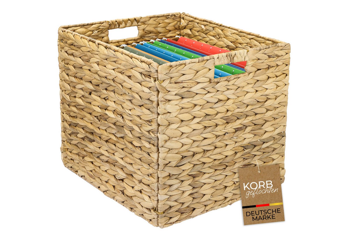 HMF Hängeregistraturbox Aufbewahrungskorb für DIN A4 Hängeregister passend für KALLAX-Regal, Korb geflochten aus Wasserhyazinthe mit Griffen, 33 x 38 x 32 cm