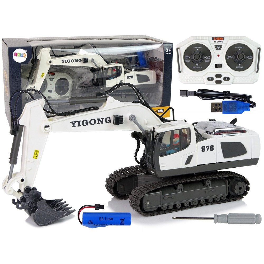 LEAN TOYS RC-Bagger Raupenbagger Baufahrzeug Baumaschine (Spar-Set, 1-tlg., 32 x 12 x 18 cm beweglich), Licht, Sound, 2,4 GHz, drehbare Kabine, Akku