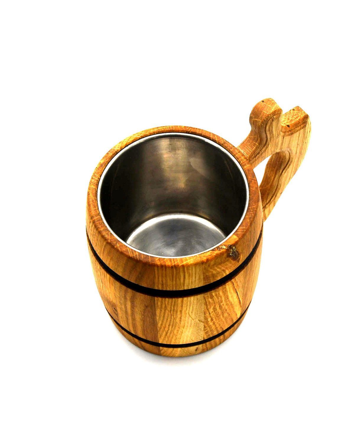 MyBer® Bierkrug Holzkrug Bier Krug Holz Eiche Bierglas ca. 0,5L Edelstahleinsatz, 1-tlg., Holz, handgefertigt Handarbeit Höhe 14cm Durchmesser 10cm PM-PO315
