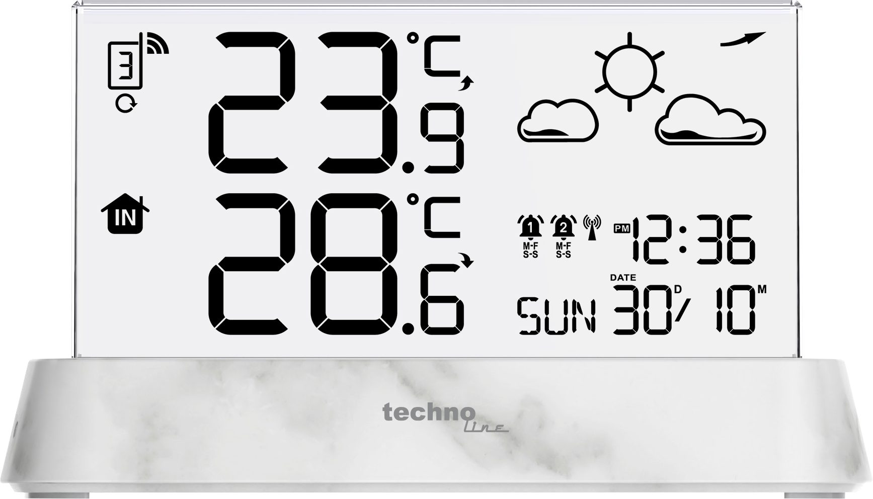 technoline WS 6782 Funkwetterstation (inkl. Außensender, mit Stationsbasis in Marmor-Optik und durchsichtigen Display)