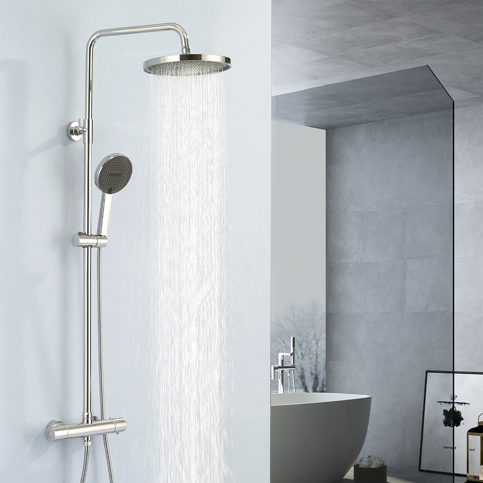 HOMELODY Duschsystem Thermostat-Duschset mit verchromtem Rundrohr & 3-Funktions-Handbrause, 2 Strahlart(en), Set, Leicht zu reinigende Silikondüse, Höhenverstellbare 3-Funktions-Handbrause, PVC-Schlauch, verchromt