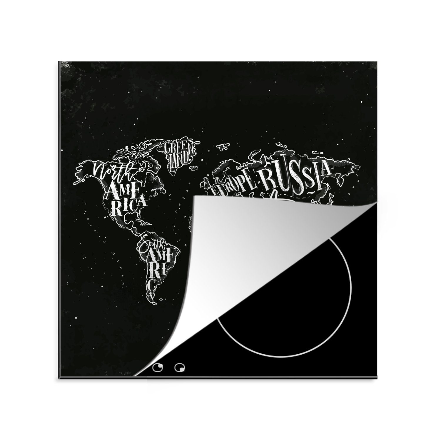 MuchoWow Herdblende-/Abdeckplatte Weltkarte - Schwarz - Weiß - Sternenhimmel, Vinyl, (1 tlg), 78x78 cm, Ceranfeldabdeckung, Arbeitsplatte für küche
